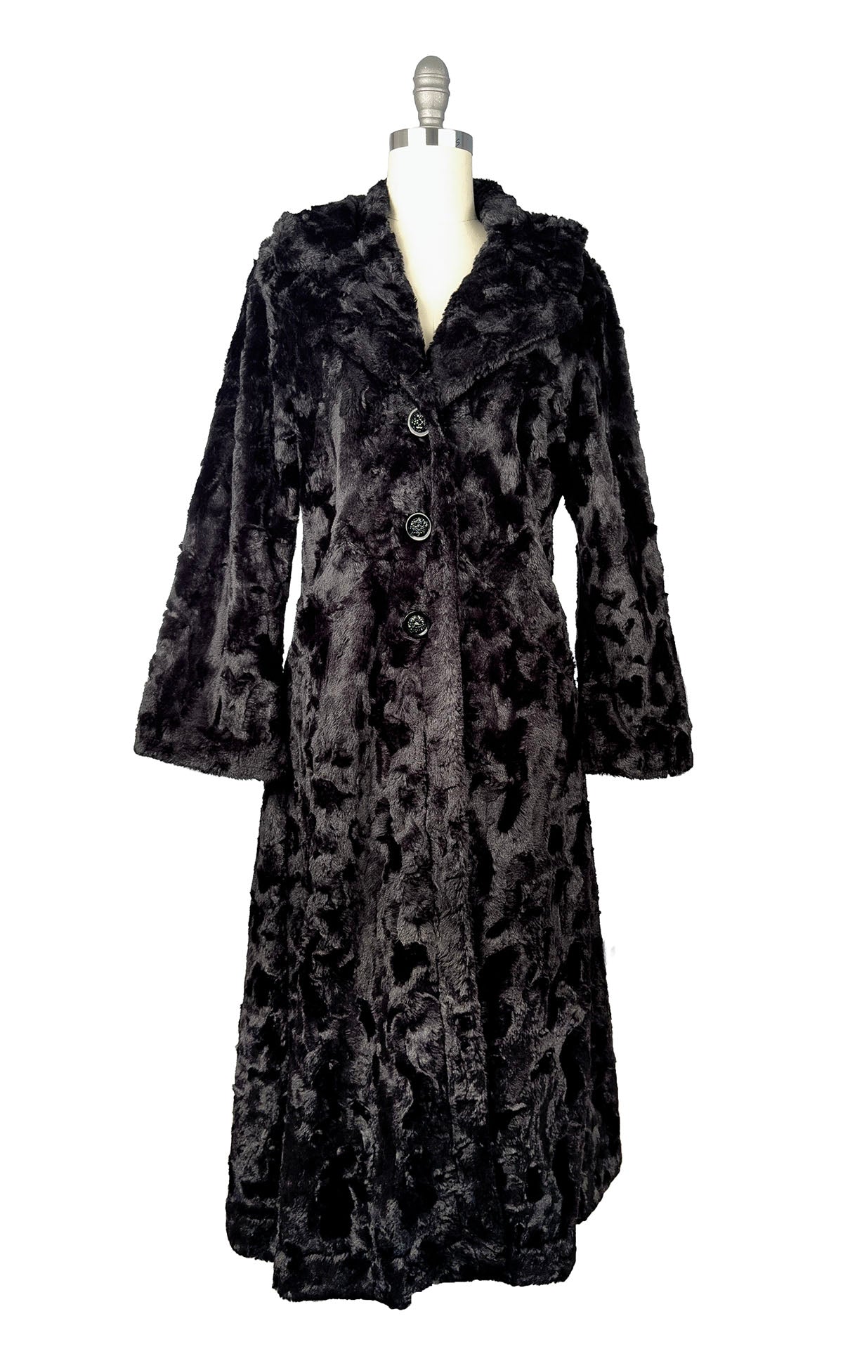 Hayworth Coat in Cuddly Black Faux Fur lined in Black Satin. Made in Seattle, WA, USA by Pandemonium Seattle.
