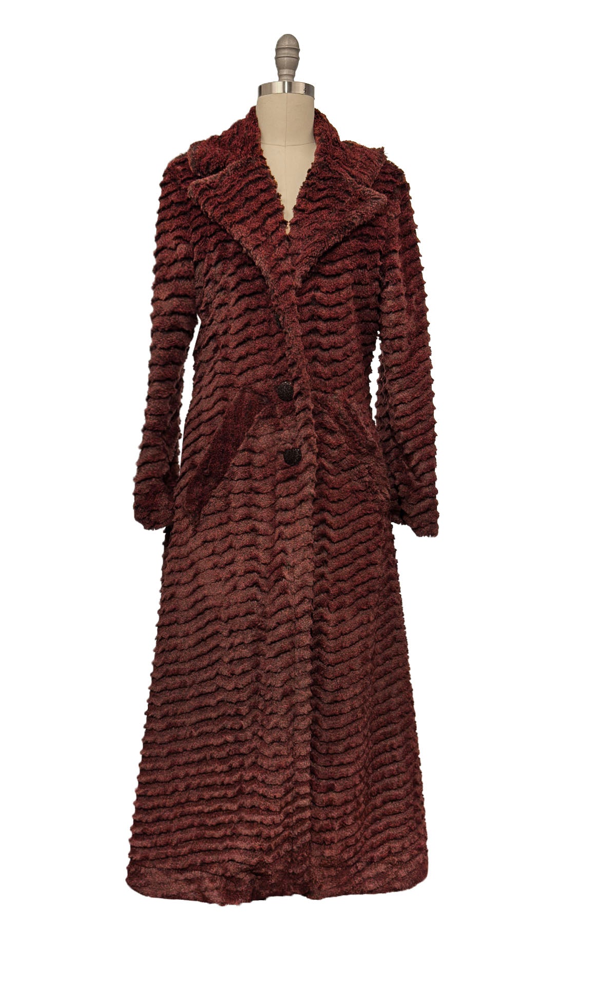 Hayworth Coat in Luxury Classic Desert Sand Crimson Faux Fur lined in Black Satin. Made in Seattle, WA, USA by Pandemonium Seattle.