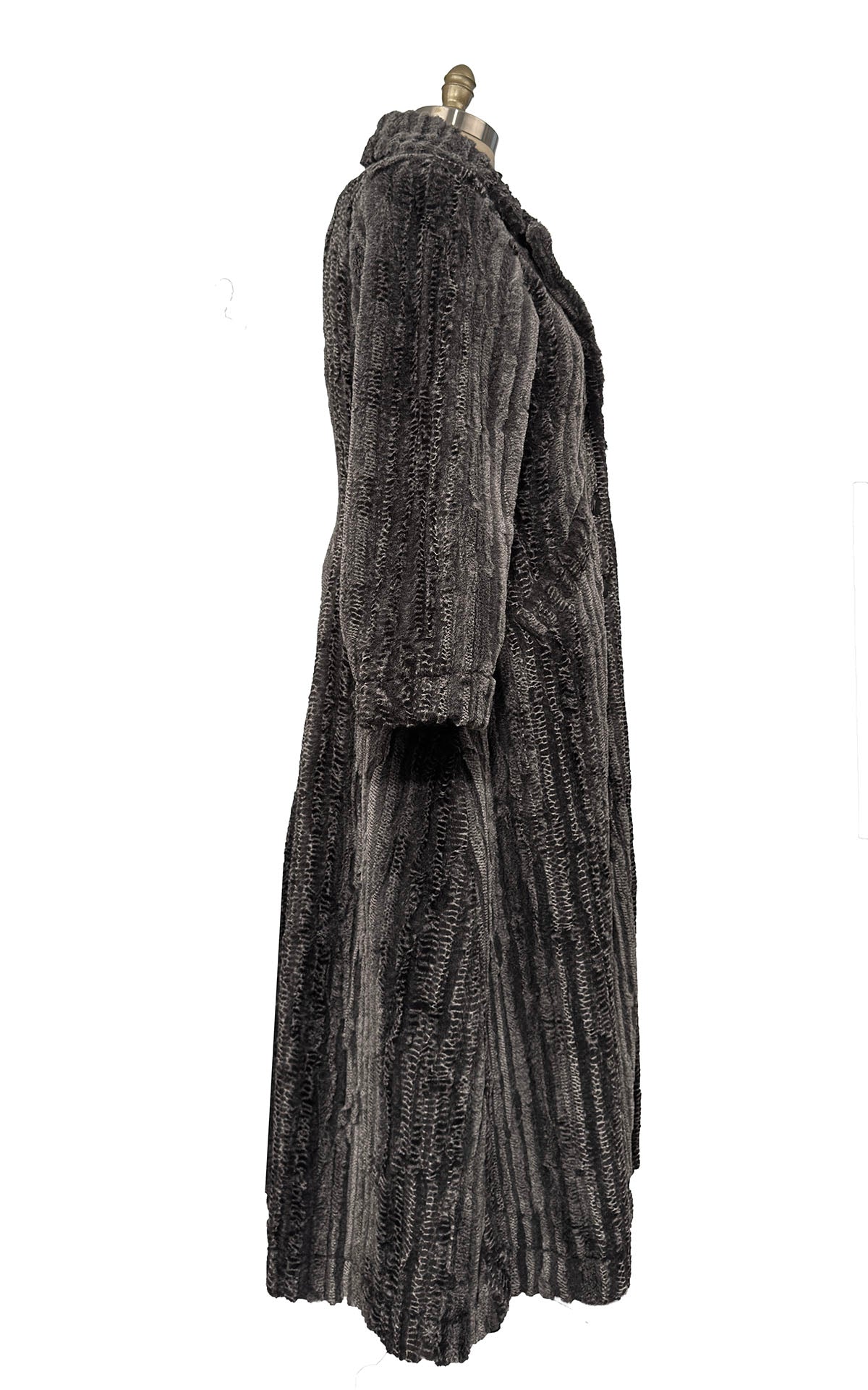 Hayworth Coat in Classic Luxury Rattle N Shake Faux Fur. Side view shown.  Made in Seattle, WA, USA by Pandemonium Seattle.