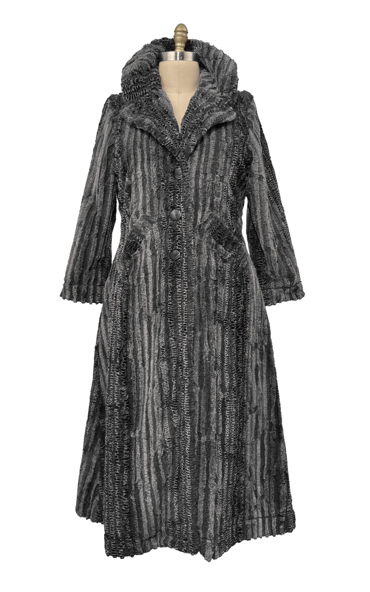 Hayworth Coat in Classic Luxury Rattle N Shake Faux Fur. Shown with the collar raised. Made in Seattle, WA, USA by Pandemonium Seattle.