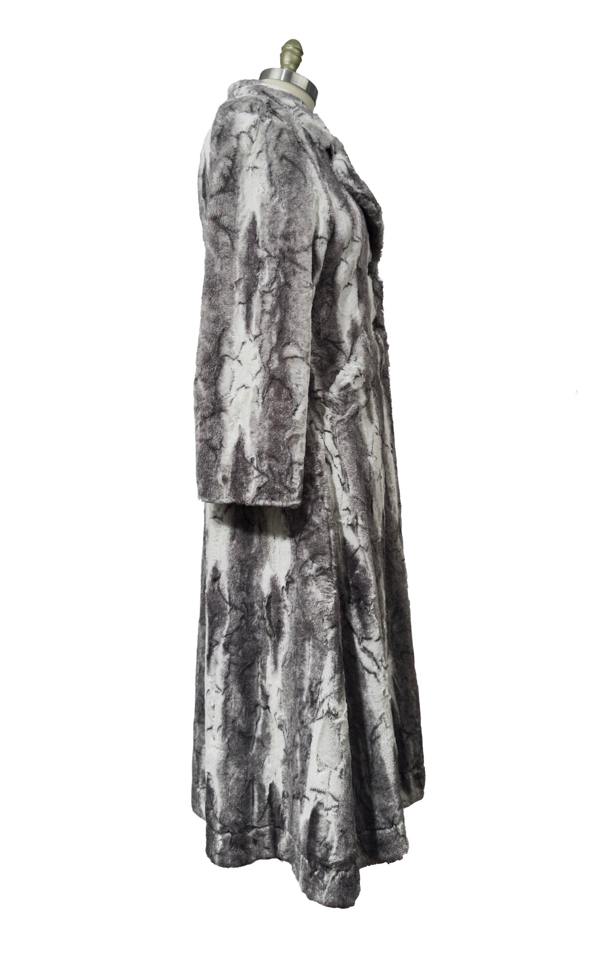Hayworth Coat in Classic Luxury Smoke Show Faux Fur. Side view shown. Made in Seattle, WA, USA by Pandemonium Seattle.