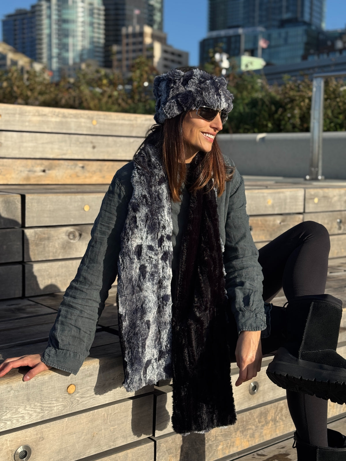 Woman wearing the Cloudwalk Shadow Headband and Classic Two-Tone Scarf in Cloudwalk Shadow and Cirrus Shadow. Handmade in Seattle, WA, USA by Pandemonium Millinery.