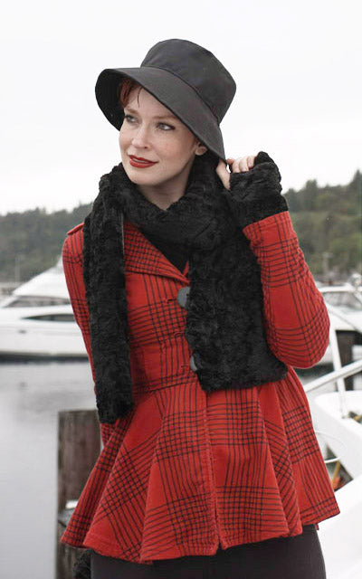 Model on boat deck wearing a holly bucket rain hat and a Classic Scarf Cuddly Black | Cuddly Faux Fur | Handmade in Seattle WA Pandemonium Millinery