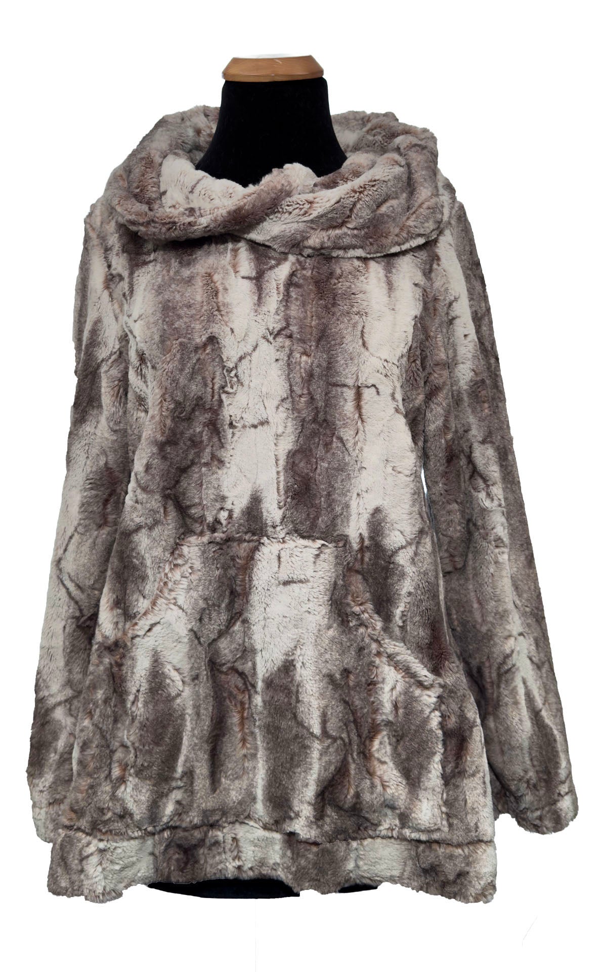 Luxury Hooded Lounger in Rusty Rock Faux Fur. Shown with hood down on mannequin. Made in Seattle, WA, USA by Pandemonium Seattle.