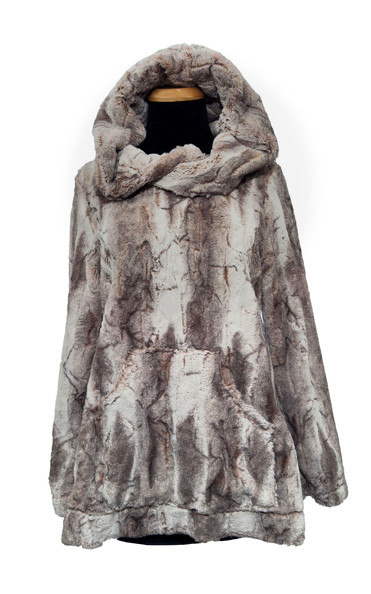 Luxury Hooded Lounger in Rusty Rock Faux Fur. Shown with hood up on mannequin. Made in Seattle, WA, USA by Pandemonium Seattle.