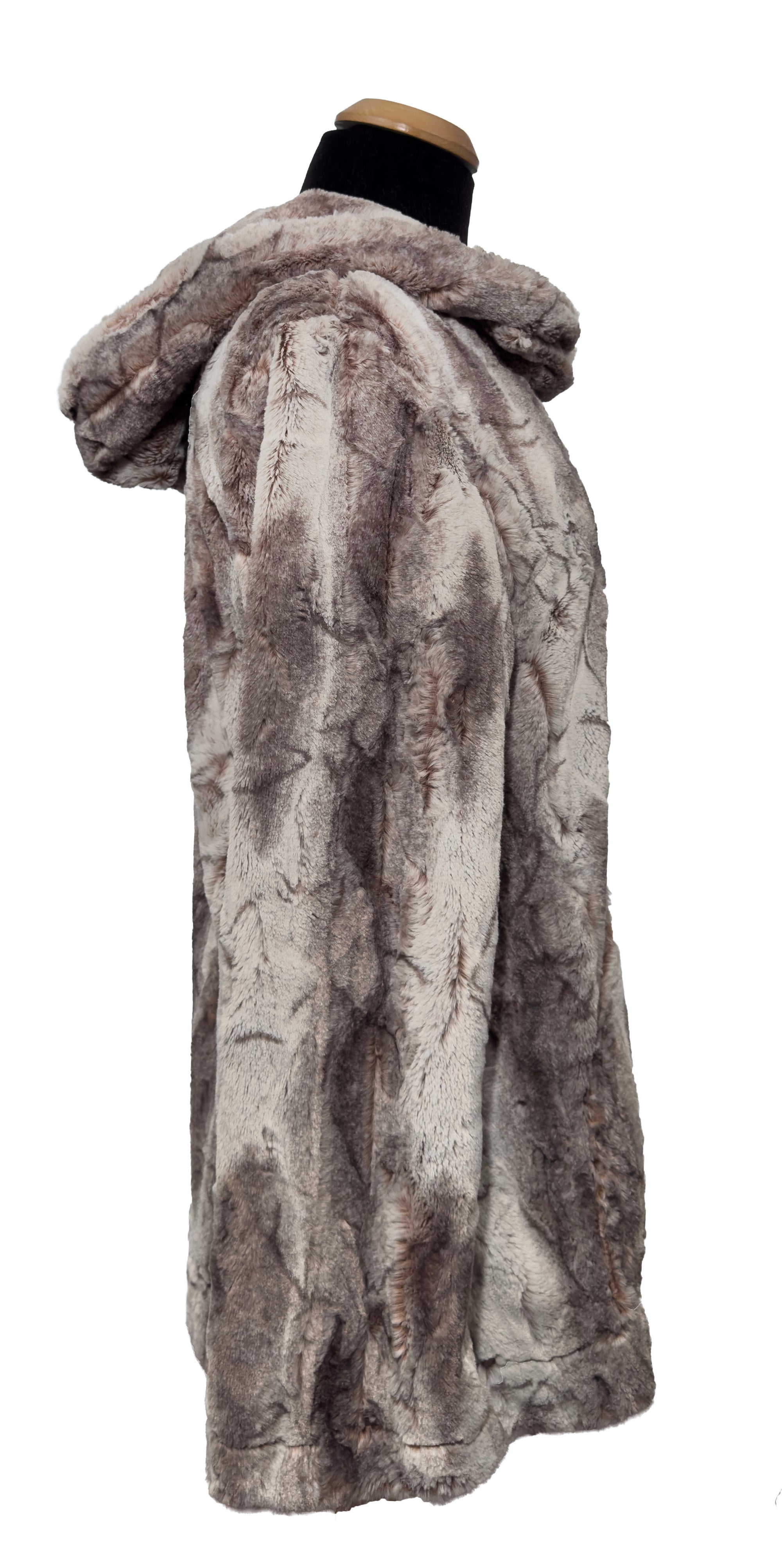Luxury Hooded Lounger in Rusty Rock Faux Fur. Shown with hood up on mannequin. Made in Seattle, WA, USA by Pandemonium Seattle.