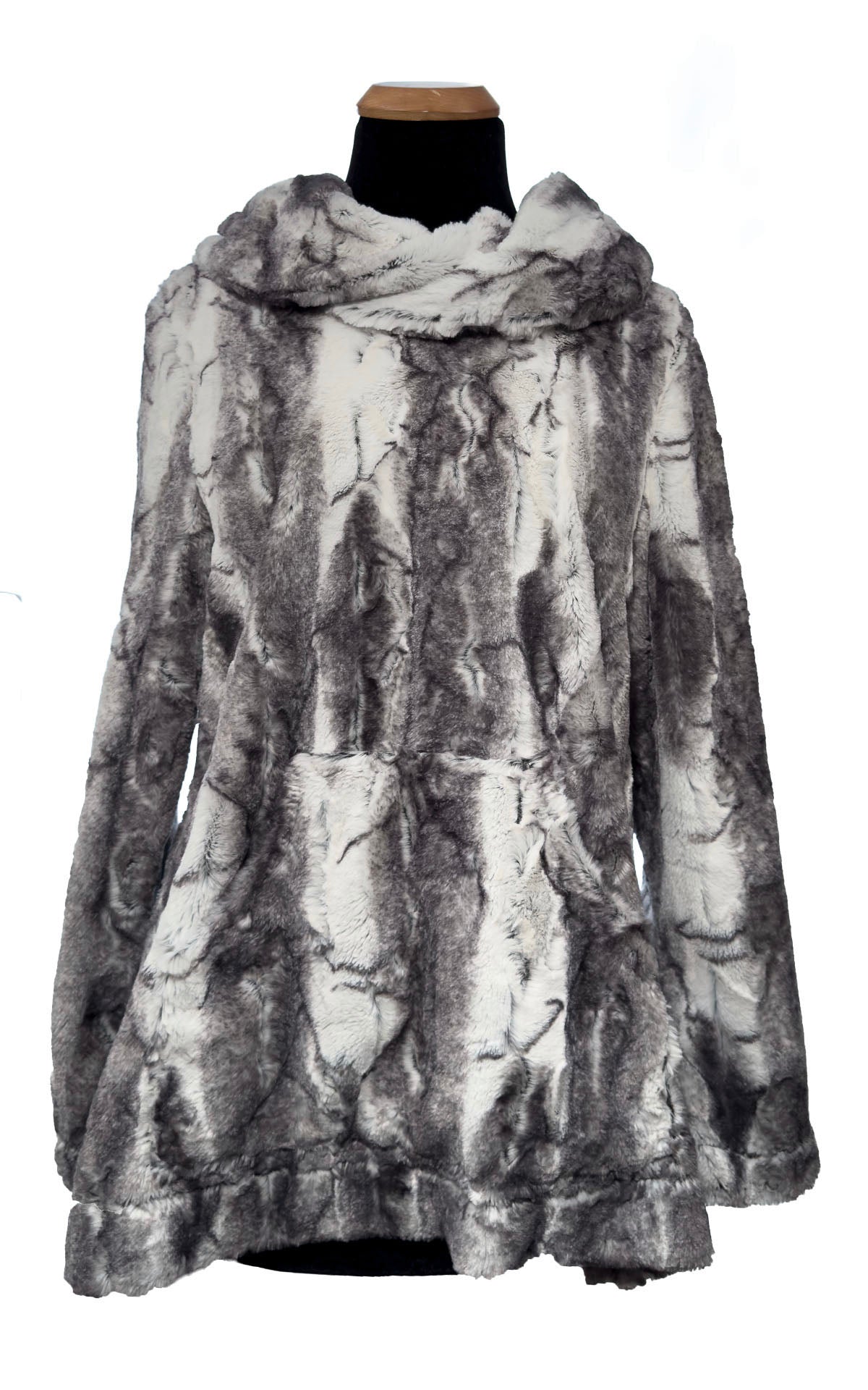 Luxury Hooded Lounger in Smoke Show Faux Fur. Shown with the hood down. Made in Seattle, WA, USA by Pandemonium Seattle.
