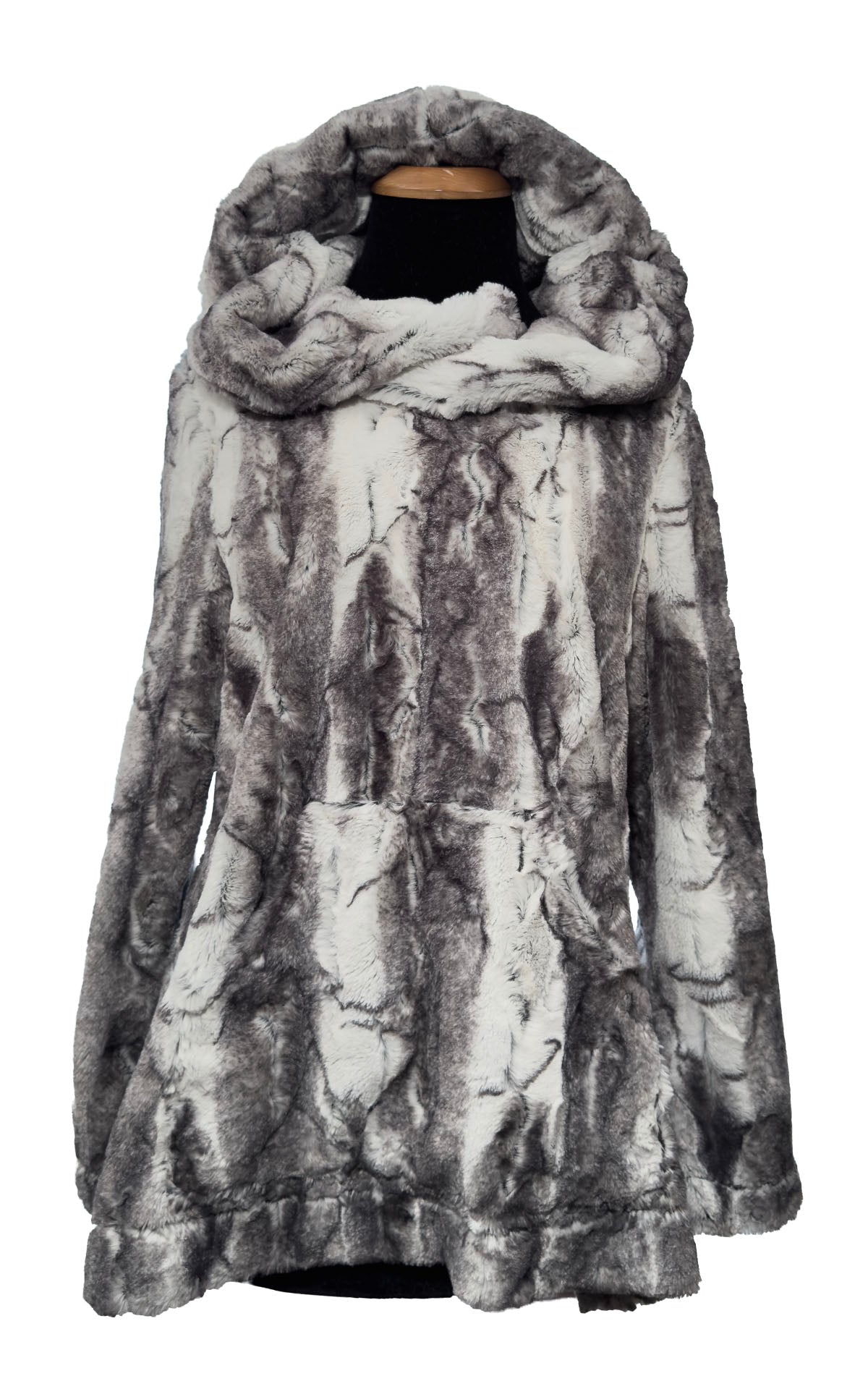 Luxury Hooded Lounger in Smoke Show Faux Fur. Shown with the hood up. Made in Seattle, WA, USA by Pandemonium Seattle.