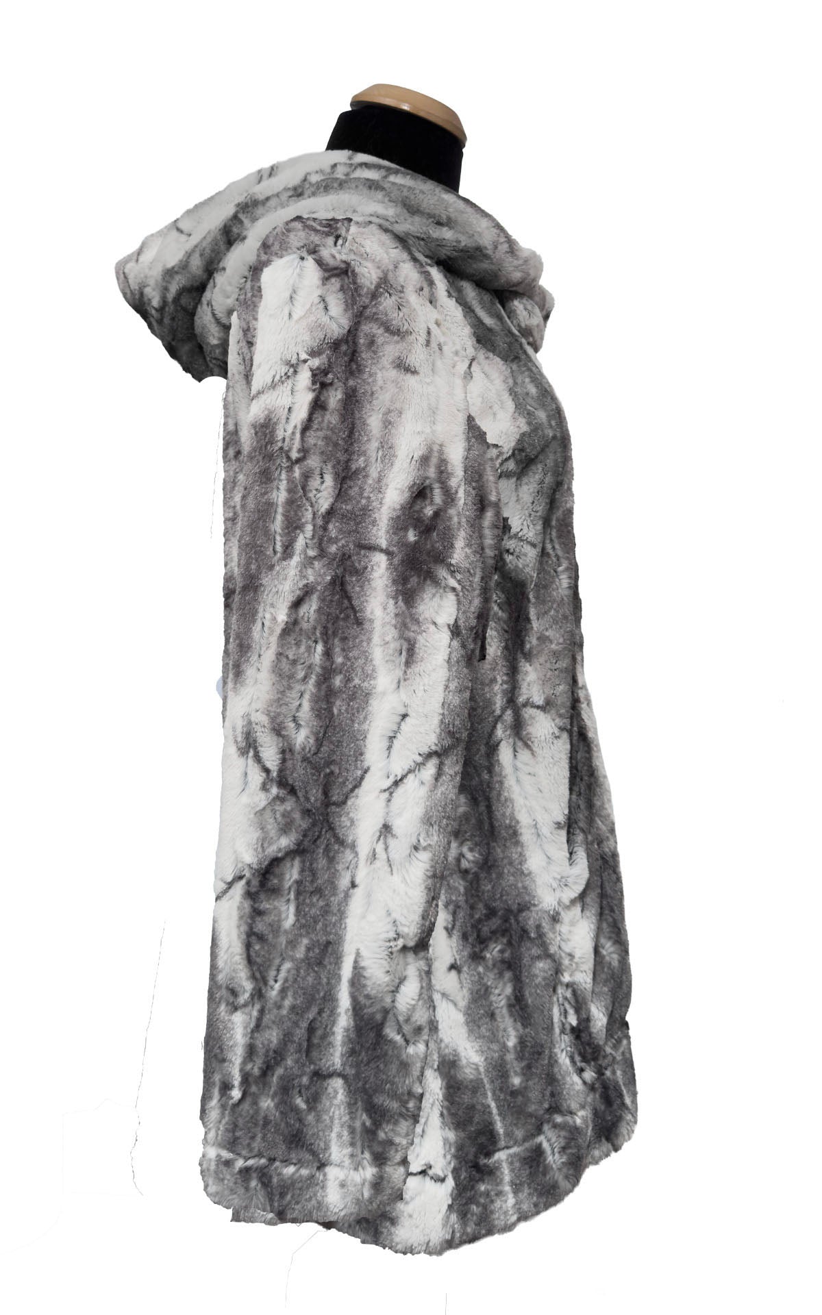 Luxury Hooded Lounger in Smoke Show Faux Fur. Shown with the hood down. Made in Seattle, WA, USA by Pandemonium Seattle.