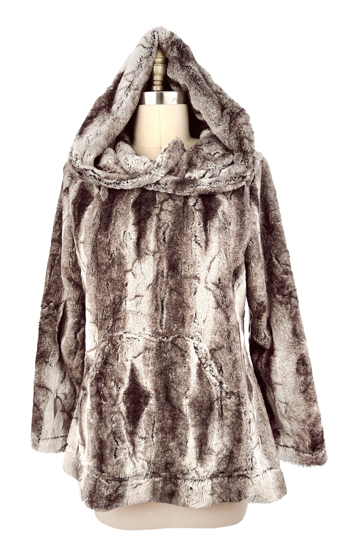 Hooded Lounger with Hood up | Luxury Faux Fur in Rock Stead | Handmade in Seattle, WA, USA | By Pandemonium Millinery