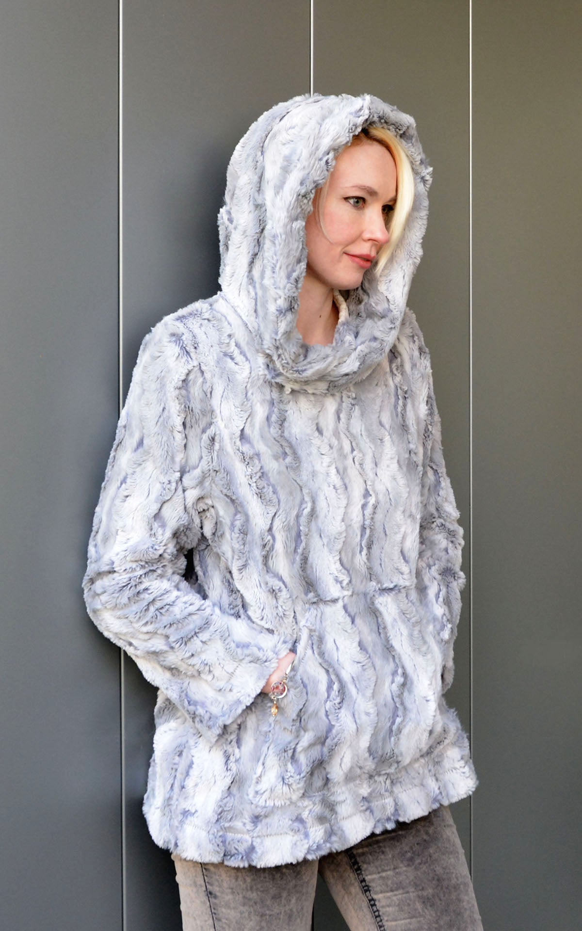 woman wearing Hooded Lounger with hood up | Luxury Faux Fur in Winter River Faux Fur Blue Gray with a hint of Periwinkle | Handmade By Pandemonium Millinery | Seattle WA