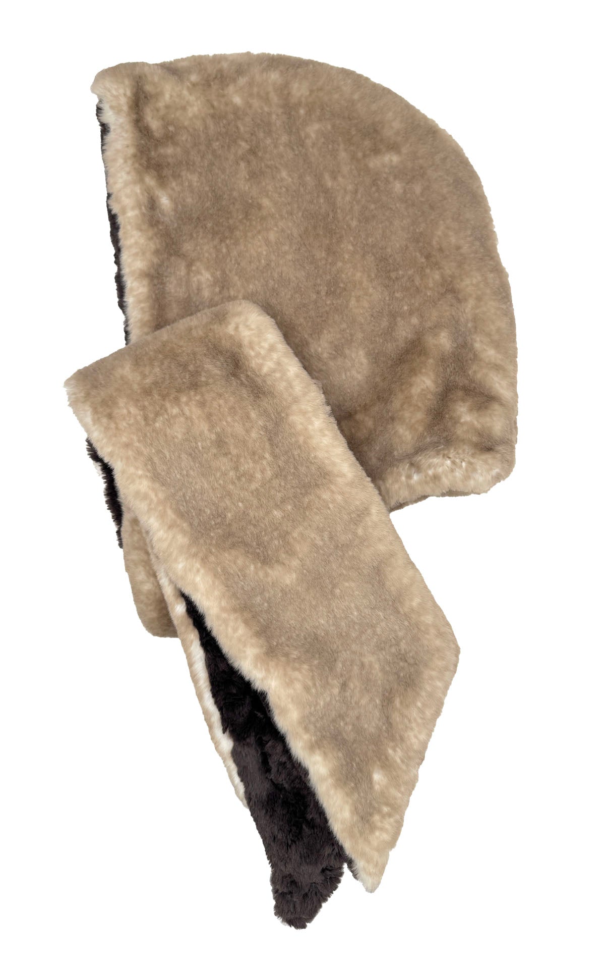 Hoody Scarf in Coastal Plush Golden Bluff Faux Fur with reversible lining in Espresso Bean Faux Fur. Made in Seattle, WA, USA by Pandemonium Seattle.