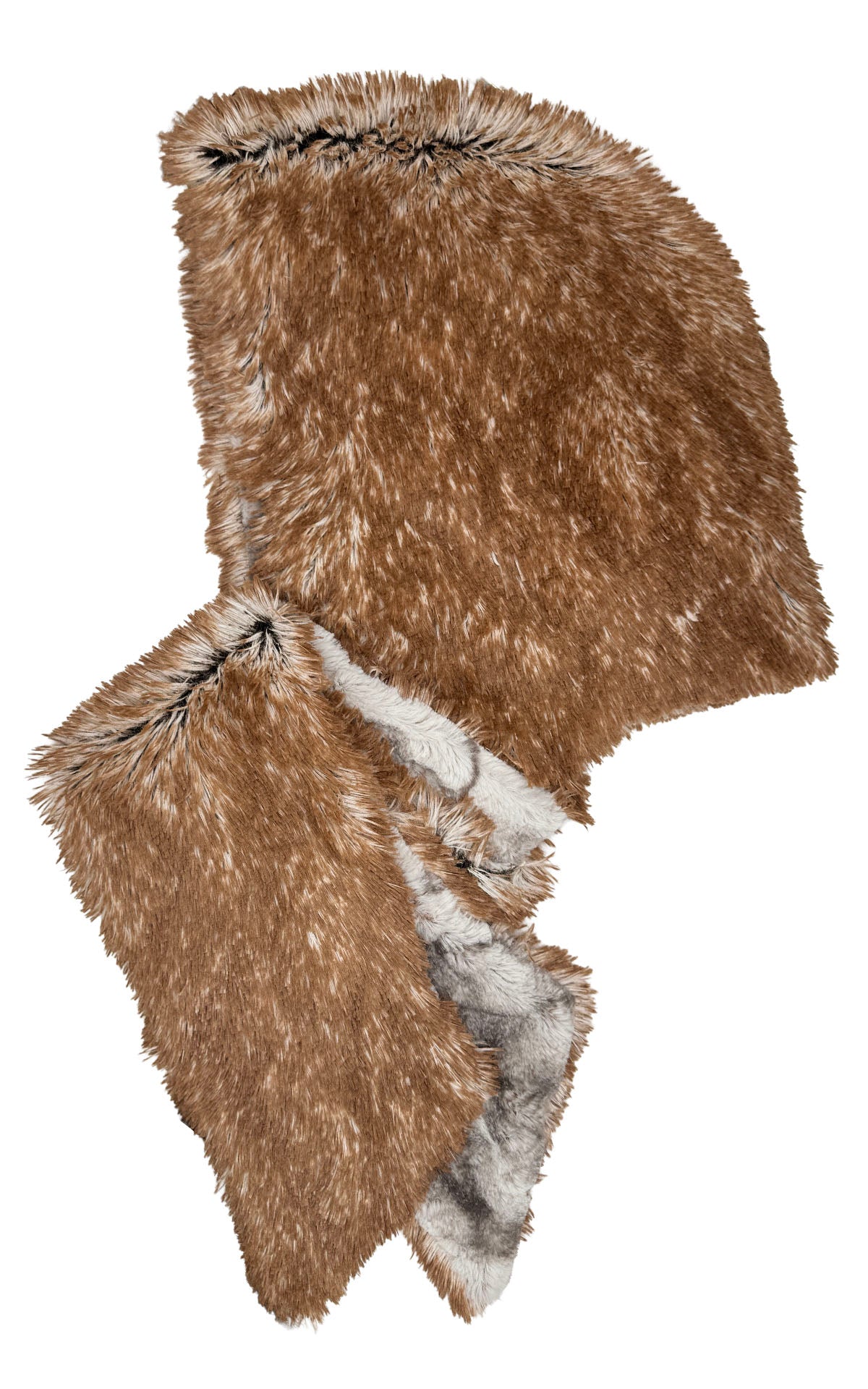 Hoody Scarf in Classic Luxury Rusty Rock Faux Fur with Red Fox Faux Fur on the reverse side. Shown reversed to the Red Fox Faux Fur side. Made in Seattle, WA, USA by Pandemonium Seattle.