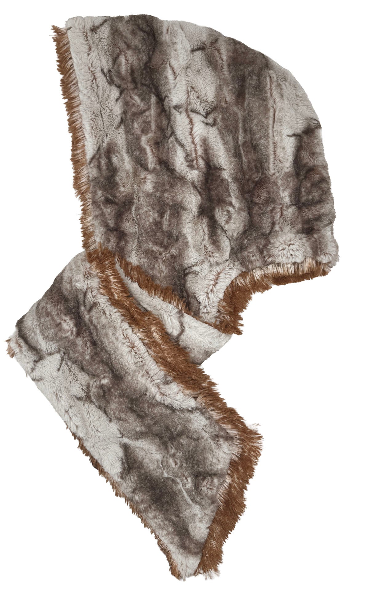 Hoody Scarf in Classic Luxury Rusty Rock Faux Fur with Red Fox Faux Fur on the reverse side. Made in Seattle, WA, USA by Pandemonium Seattle.
