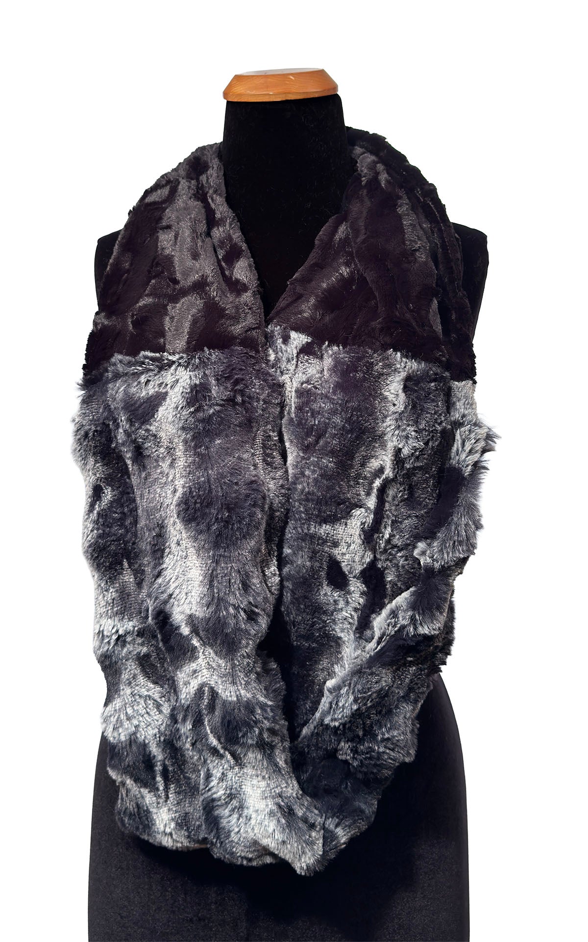 Two-Tone Infinity Scarf in Classic Luxury Cloudwalk Shadow Faux Fur and Cuddly Black Faux Fur. Shown with Cloudwalk Shadow faux fur draped across the mannequin body. Made in Seattle, WA, USA by Pandemonium Seattle.