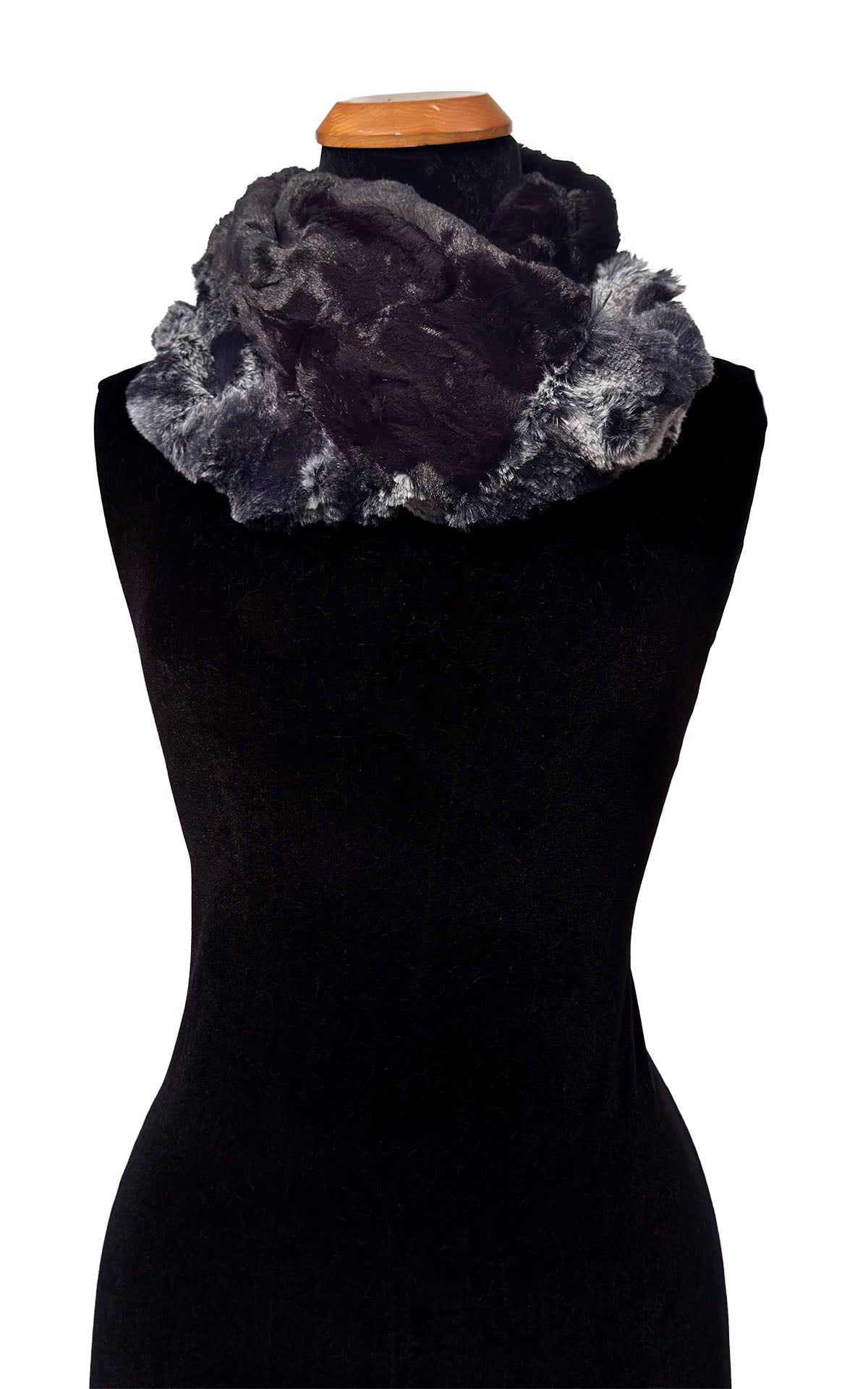 Two-Tone Infinity Scarf in Classic Luxury Cloudwalk Shadow Faux Fur and Cuddly Black Faux Fur. Shown looped twice to display the infinity scarf close to the mannequin neck. Made in Seattle, WA, USA by Pandemonium Seattle.