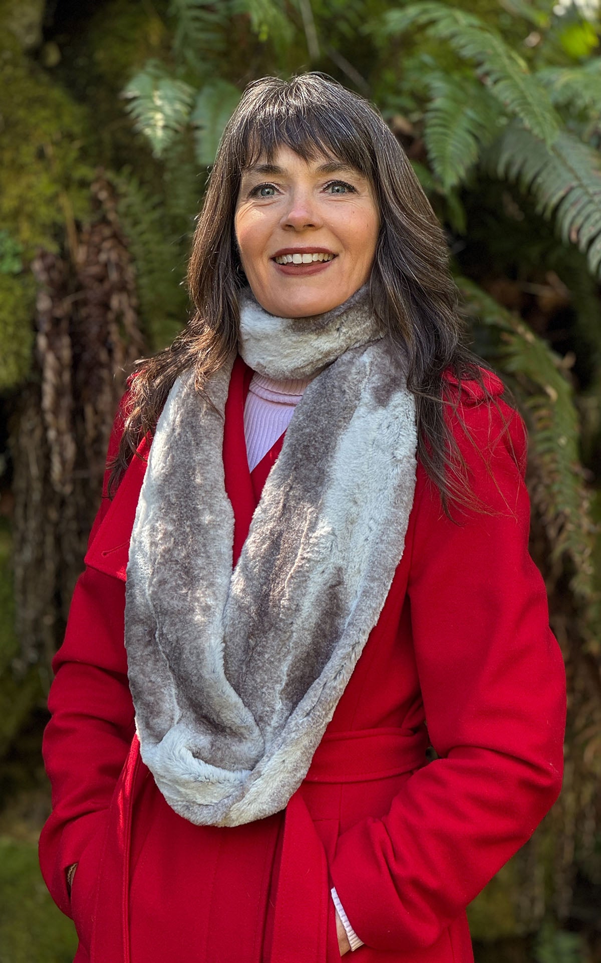 Infinity Scarf in Driftwood Faux Fur featured on a woman, worn in a double loop wrap with one loop closer to chin for a cozy feel. Handmade by Pandemonium Seattle, WA USA 
