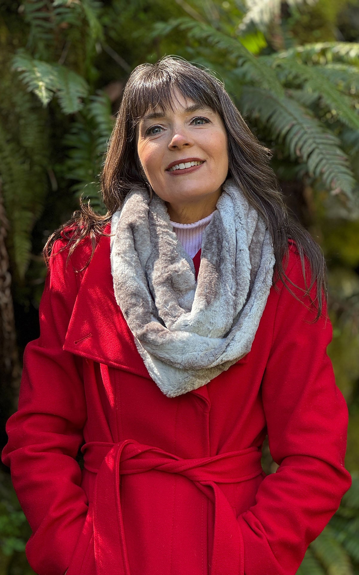 Infinity Scarf in Driftwood Faux Fur featured on a woman, worn in an even  double loop loosely around the neckline. Handmade by Pandemonium Seattle, WA USA 