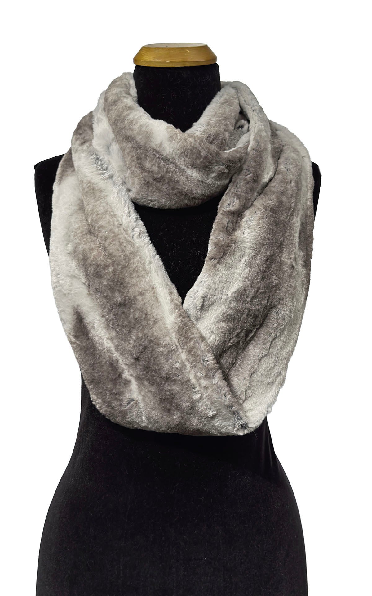 Infinity Scarf Loop in Luxury Driftwood Faux Fur. Shown looped once around neck of mannequin with remaining loop draped across body. Made in Seattle, WA, USA by Pandemonium Seattle.