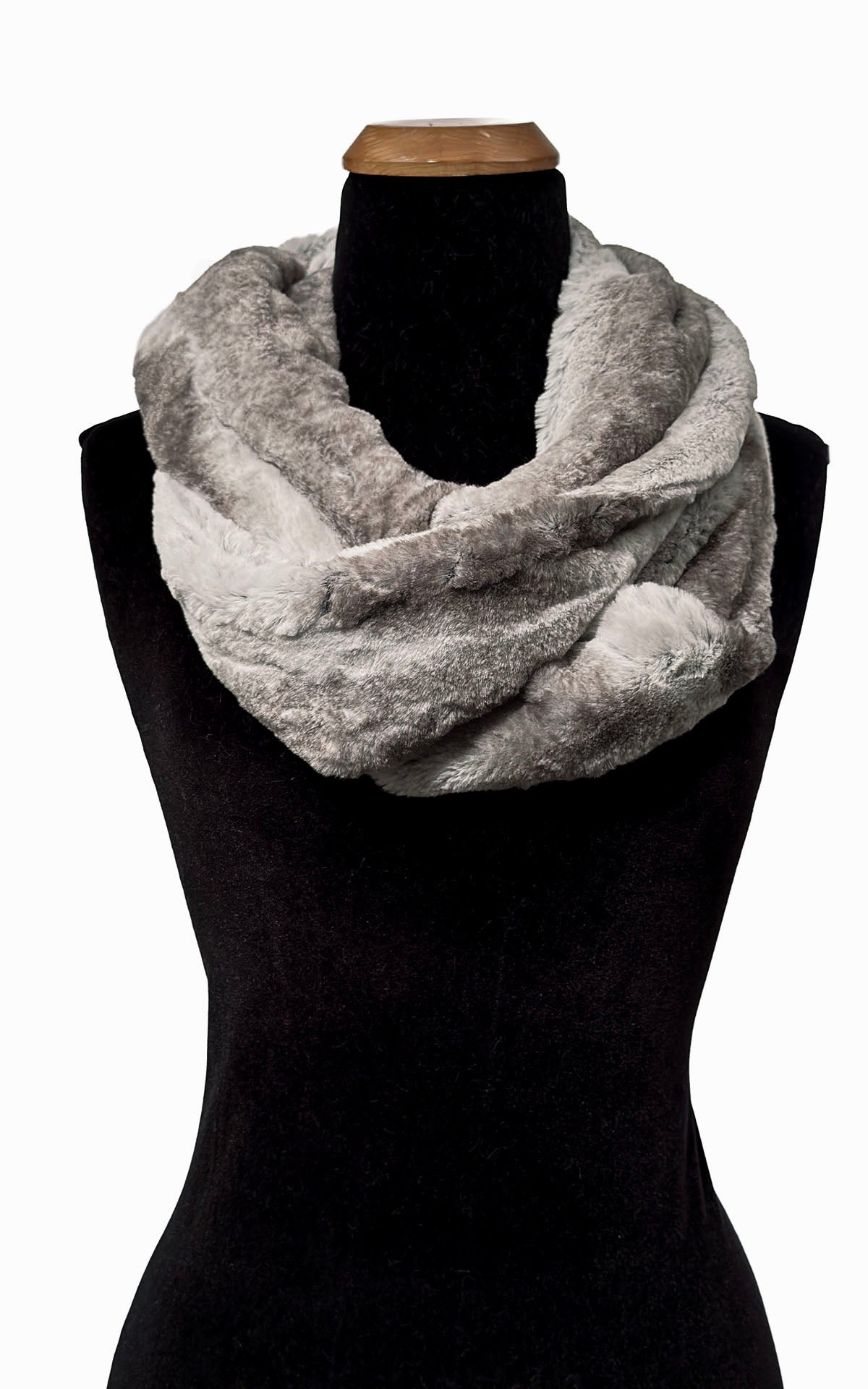 Infinity Scarf Loop in Luxury Driftwood Faux Fur. Shown looped twice around neck of mannequin. Made in Seattle, WA, USA by Pandemonium Seattle.