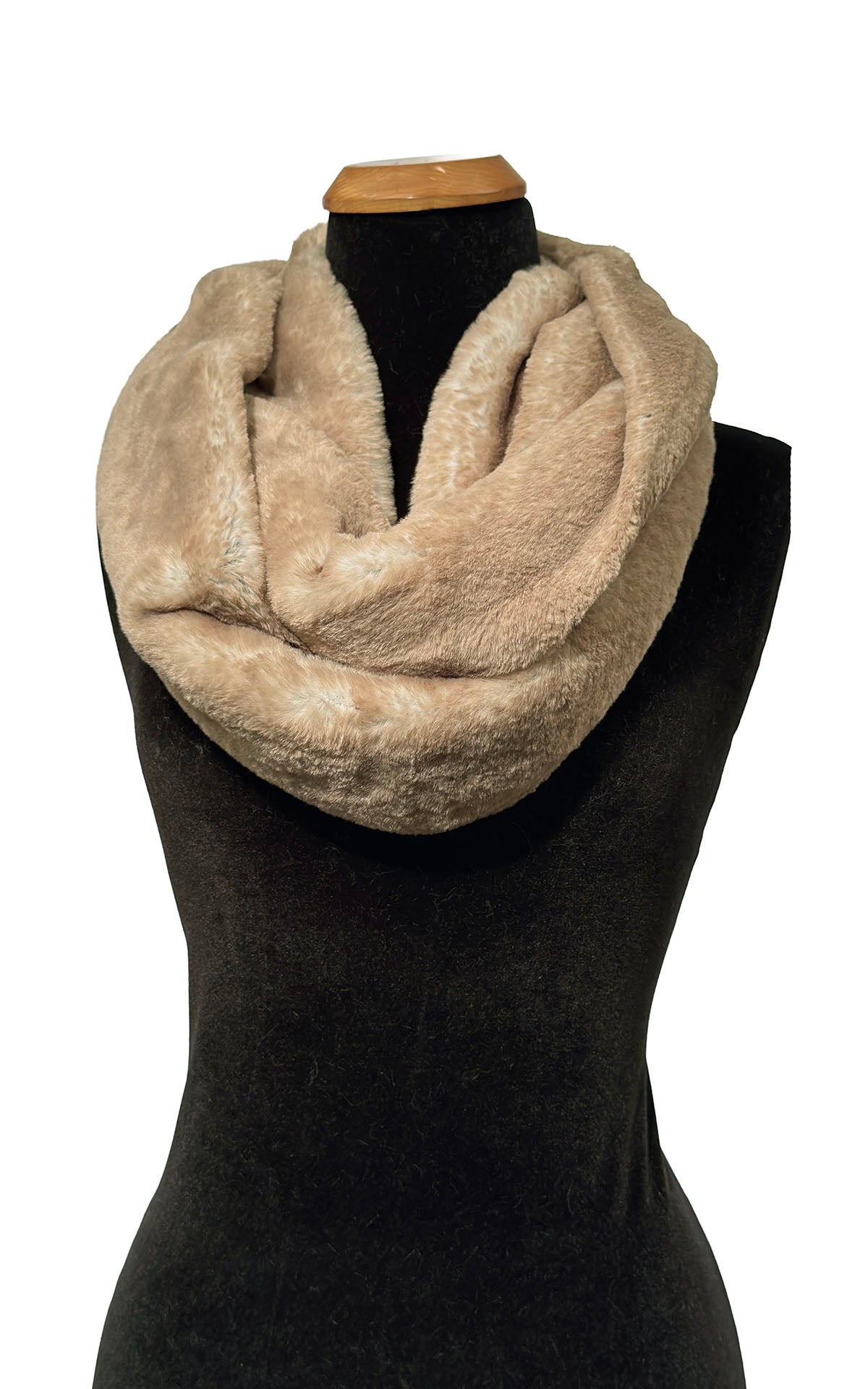 Infinity Scarf in Luxury Coastal Plush Faux Fur in Golden Bluff. Infinity Scarf shown draped wtih two loops draped across body of mannequin. Made in Seattle, WA, USA by Pandemonium Seattle.
