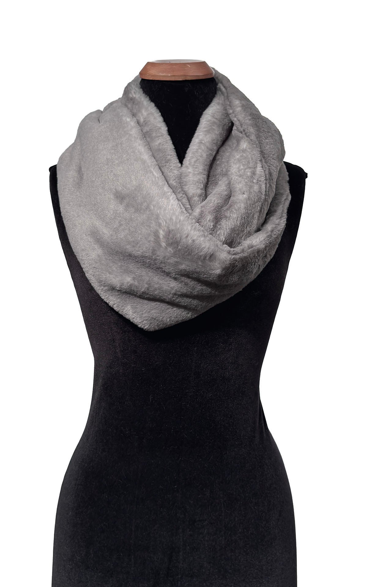 Infinity Scarf in Luxury Coastal Plush Faux Fur in Olympic Fog. Infinity Scarf shown draped wtih two loops draped across body of mannequin. Made in Seattle, WA, USA by Pandemonium Seattle.