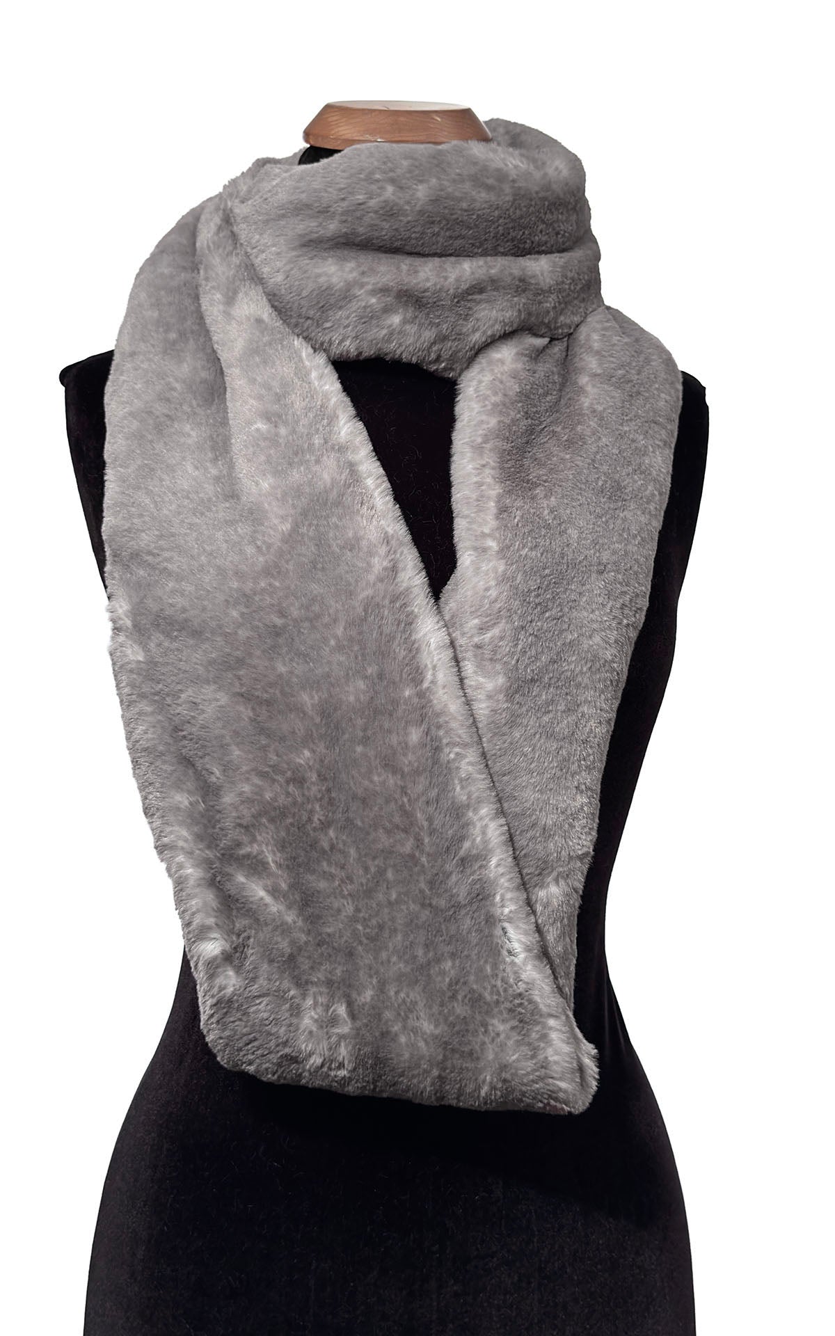Infinity Scarf in Luxury Coastal Plush Faux Fur in Olympic Fog. Infinity Scarf shown draped wtih one loop closer to neck and remaining loop draped across body of mannequin. Made in Seattle, WA, USA by Pandemonium Seattle.