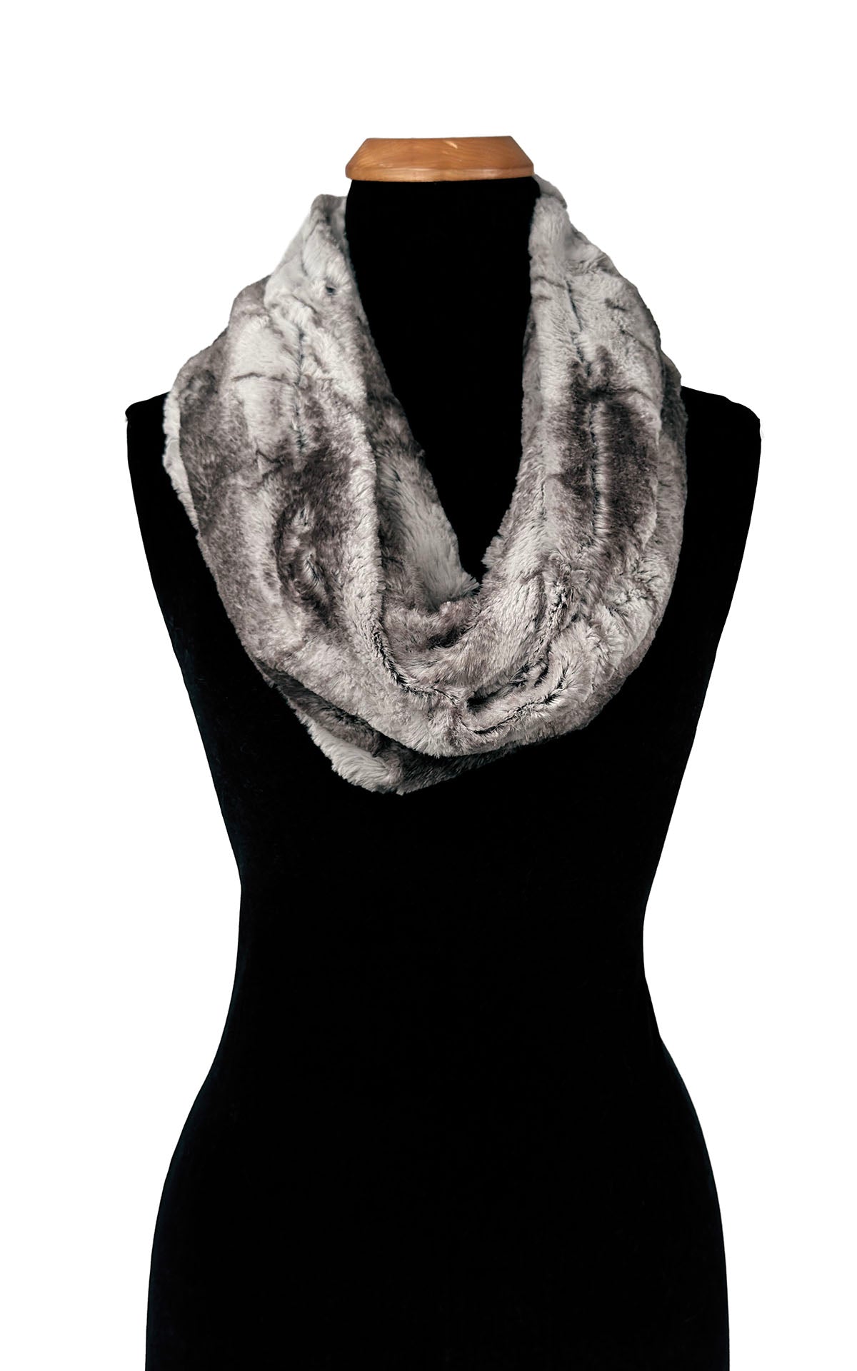 Another view of Infinity Scarf in Classic Luxury Rock Steady Faux Fur, shown with two loops. Made in Seattle, WA, USA by Pandemonium Seattle.