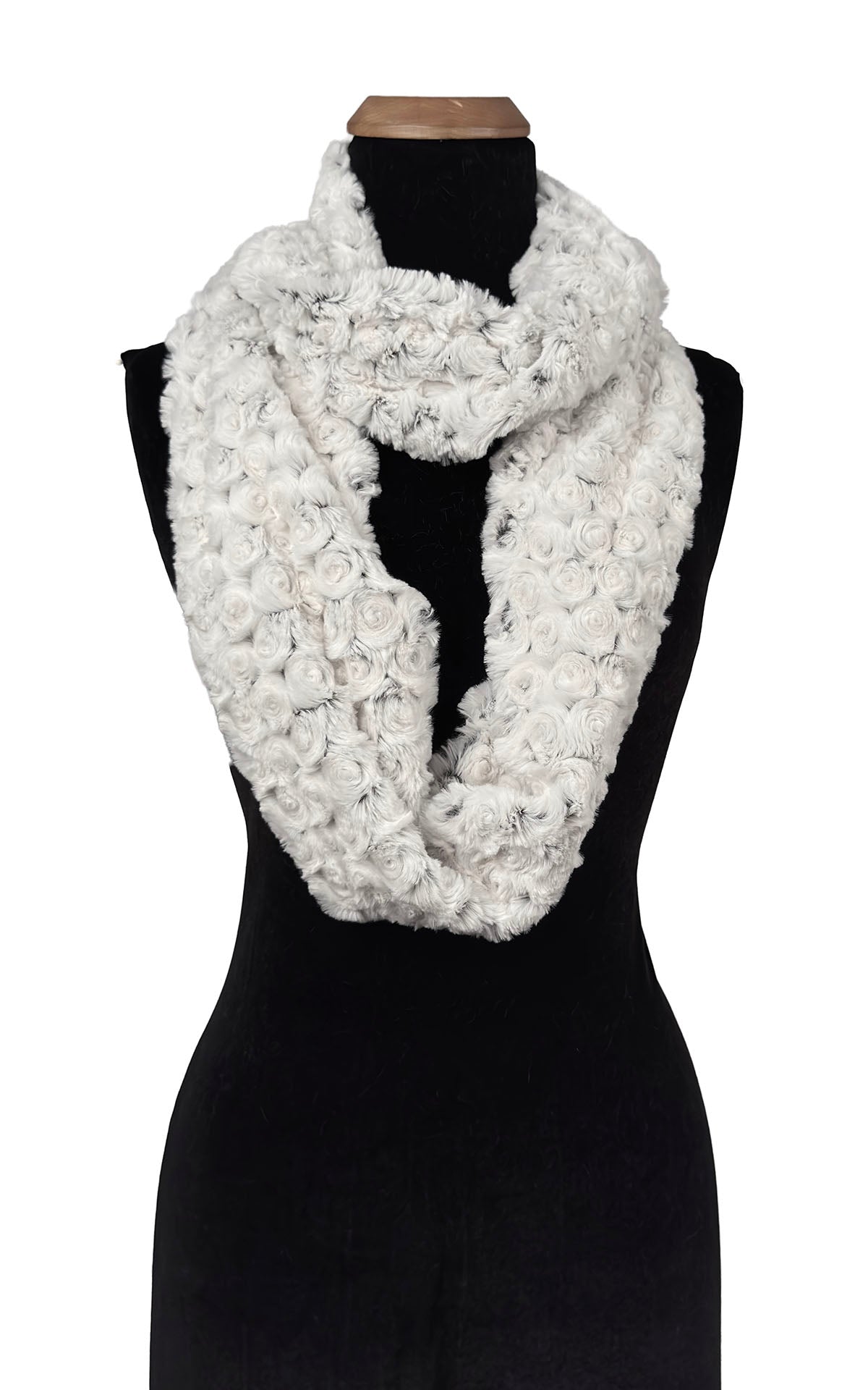 Infinity Scarf in Rosebud Black Faux Fur shown looped twice. Made in Seattle, WA, USA by Pandemonium Seattle.