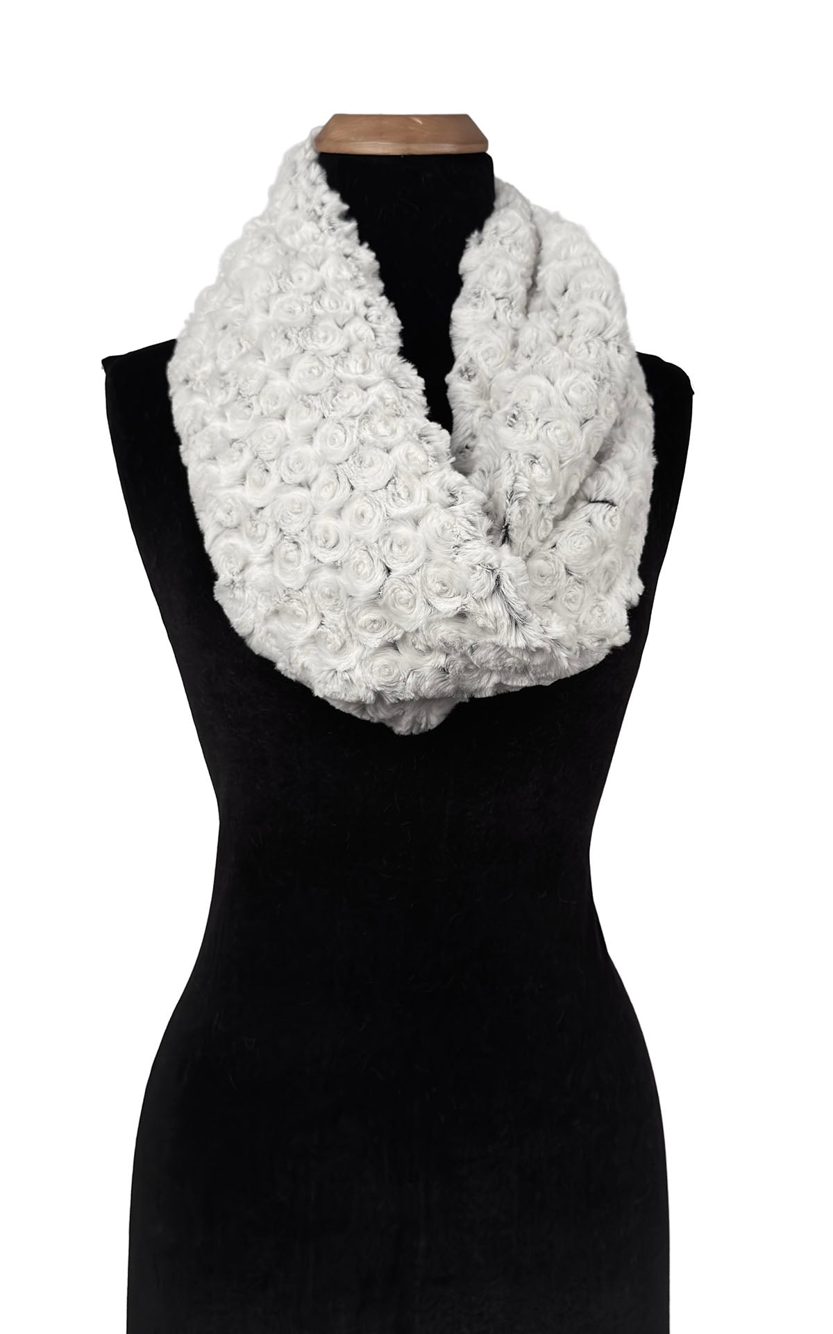 Alternate view of Infinity Scarf in Rosebud Black Faux Fur shown looped twice. Made in Seattle, WA, USA by Pandemonium Seattle.