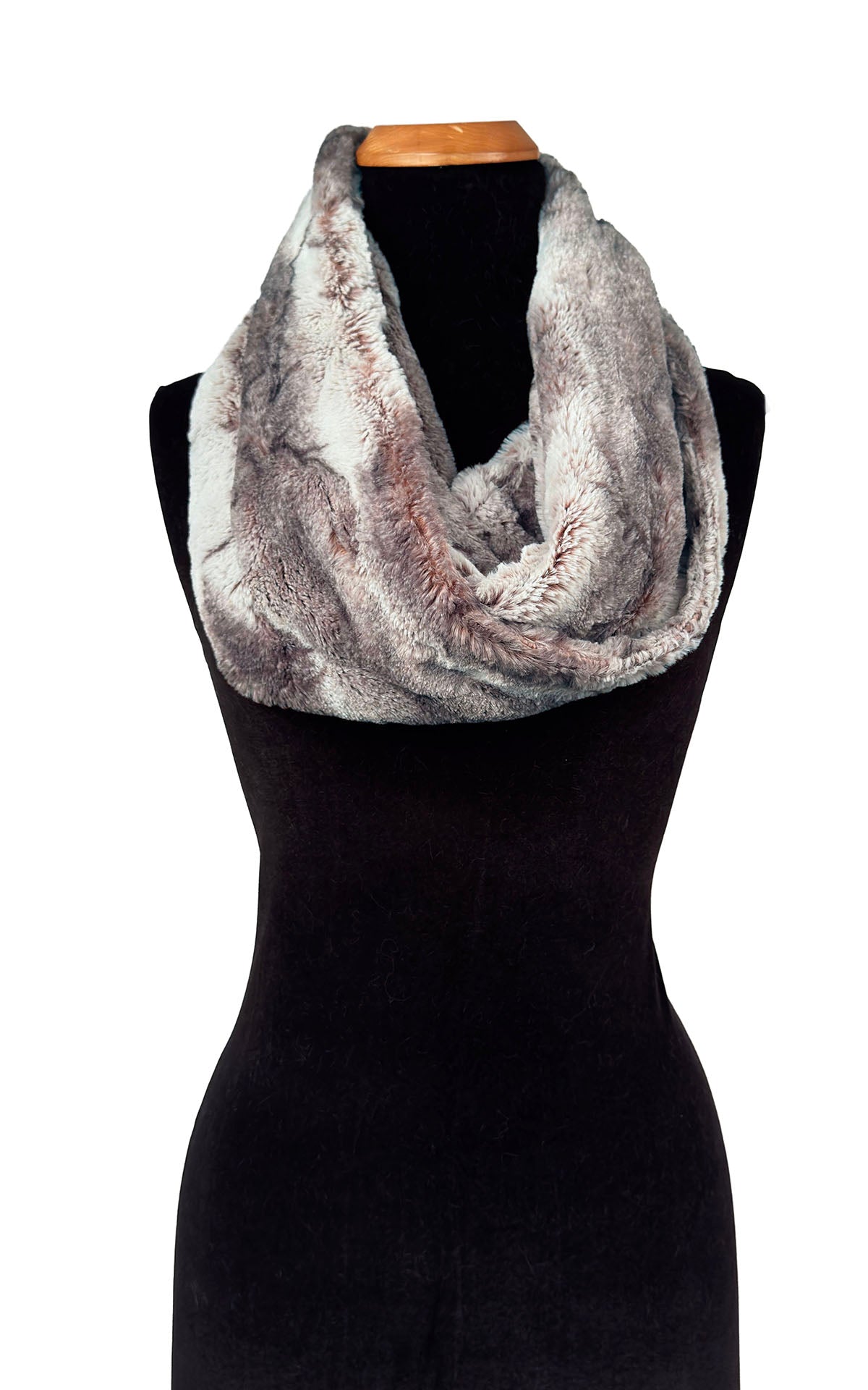 An alternate view of Infinity Scarf in Classic Luxury Rusty Rock Faux Fur. Shown looped twice around the neck of the mannequin. Made in Seattle, WA, USA by Pandemonium Seattle.