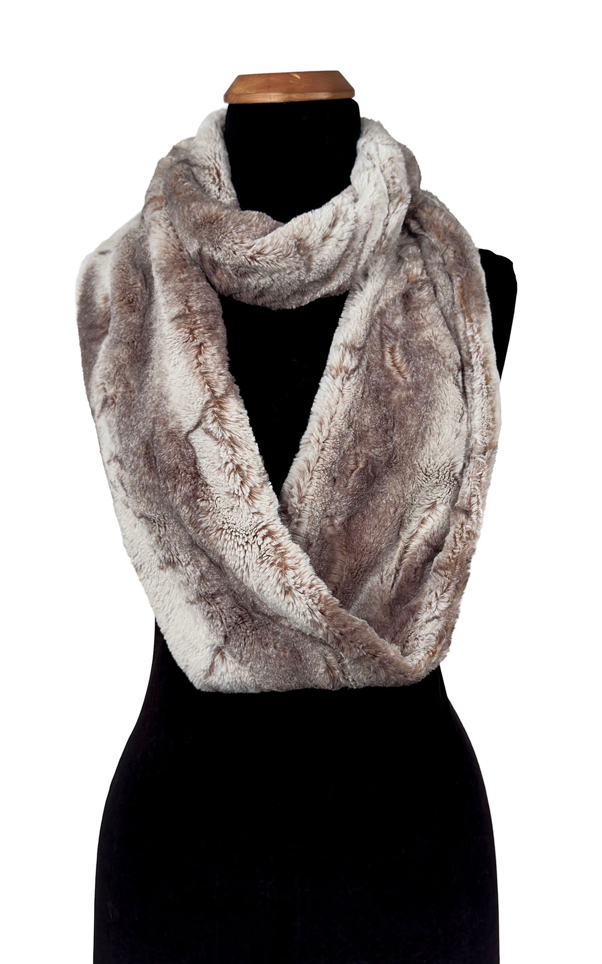 Infinity Scarf in Classic Luxury Rusty Rock Faux Fur. Shown looped twice. Made in Seattle, WA, USA by Pandemonium Seattle.