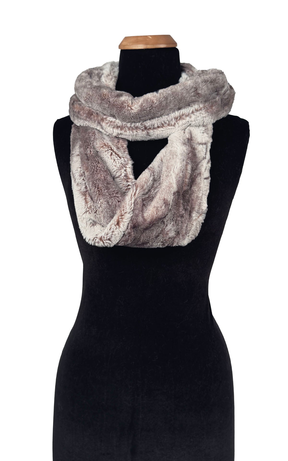 Infinity Scarf in Classic Luxury Rusty Rock Faux Fur. Shown looped twice. Made in Seattle, WA, USA by Pandemonium Seattle.