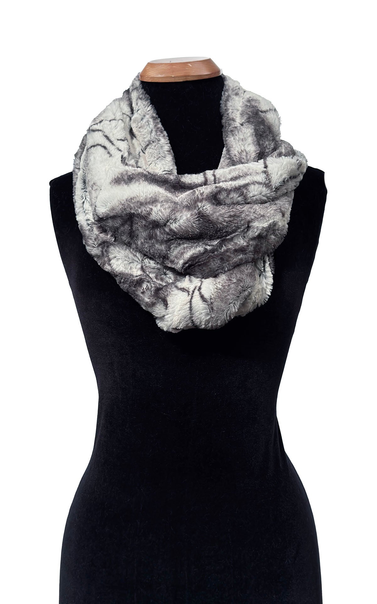 Infinity Scarf in Luxury Smoke Show Faux Fur, shown with two loops close to the neckline. Made in Seattle, WA, USA by Pandemonium Seattle.
