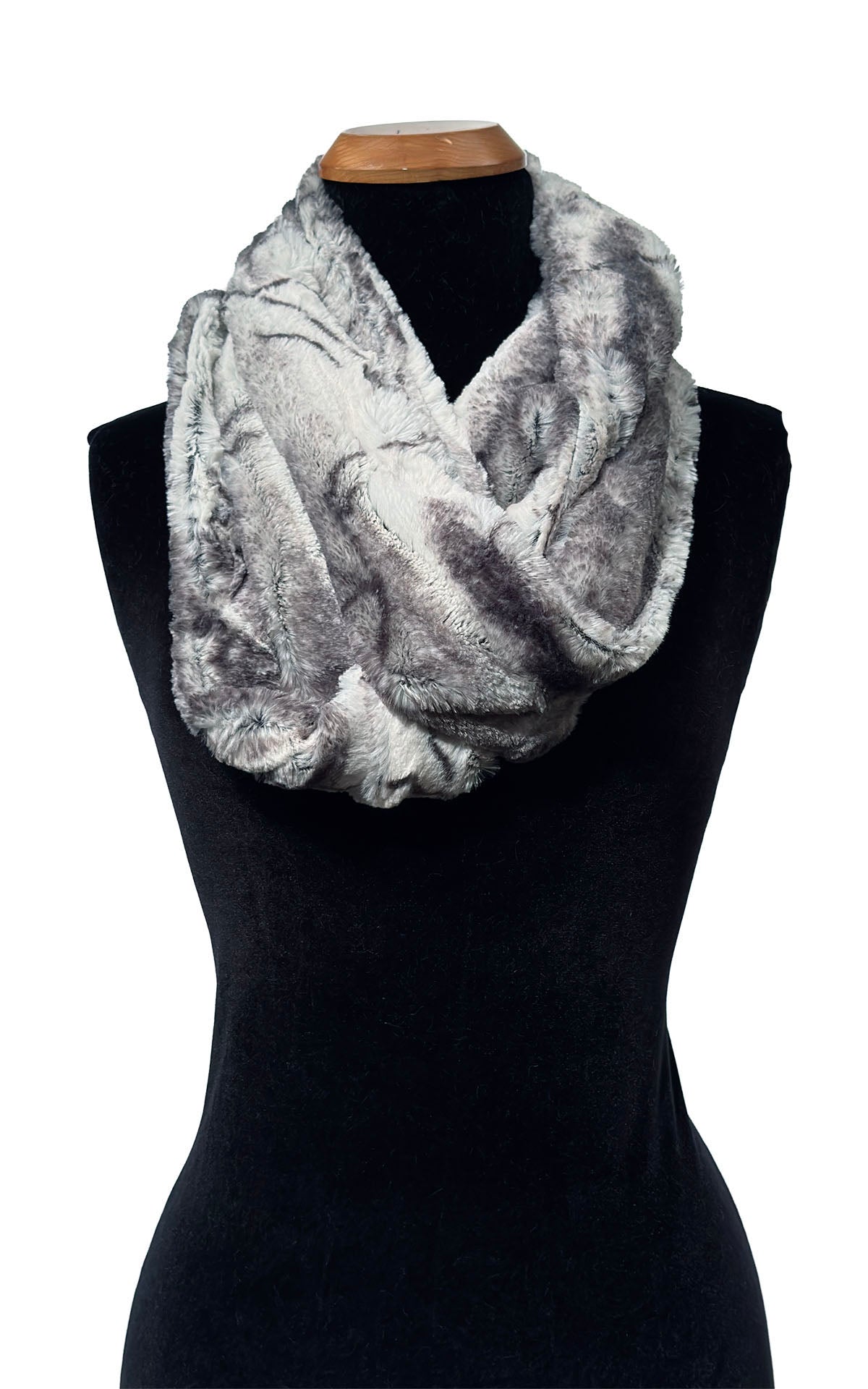Infinity Scarf in Luxury Smoke Show Faux Fur, shown with one loop closer to the neck and remaining loop draping loosely across body of mannequin. Made in Seattle, WA, USA by Pandemonium Seattle.