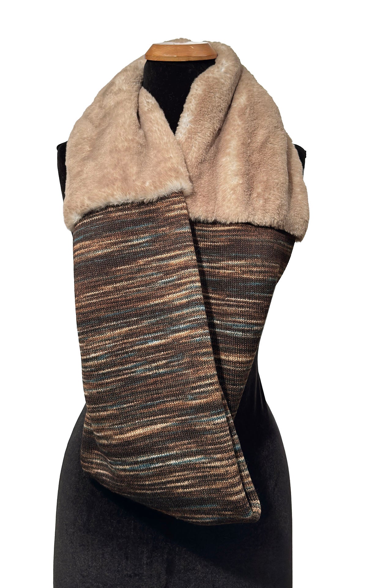Infinity Scarf in English Toffee Knit and Golden Bluff Faux Fur. Shown draped with the Golden Bluff Faux Fur around neckline and the English Toffee Knit below. Made in Seattle, WA, USA by Pandemonium Seattle.
