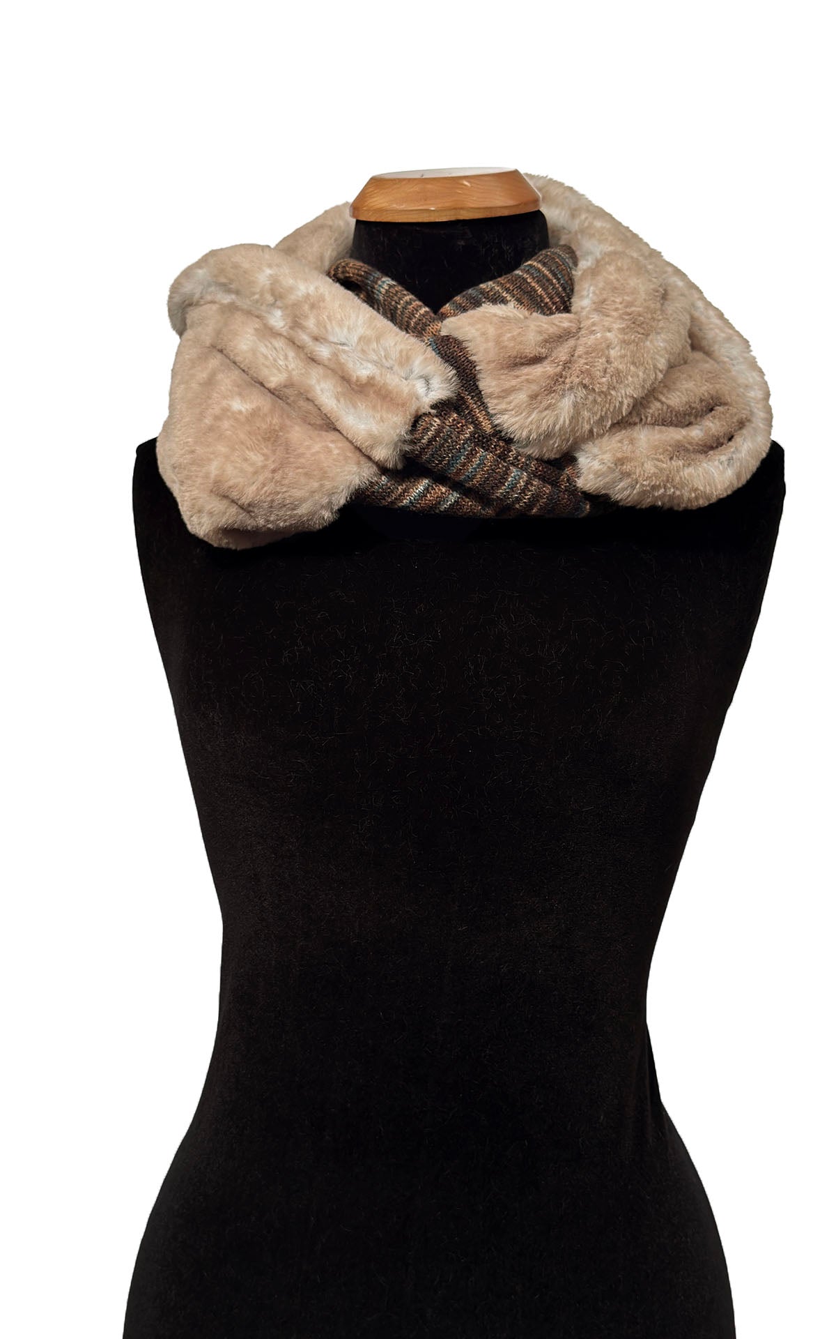 Infinity Scarf in English Toffee Knit and Golden Bluff Faux Fur. Shown draped around neckline. Made in Seattle, WA, USA by Pandemonium Seattle.