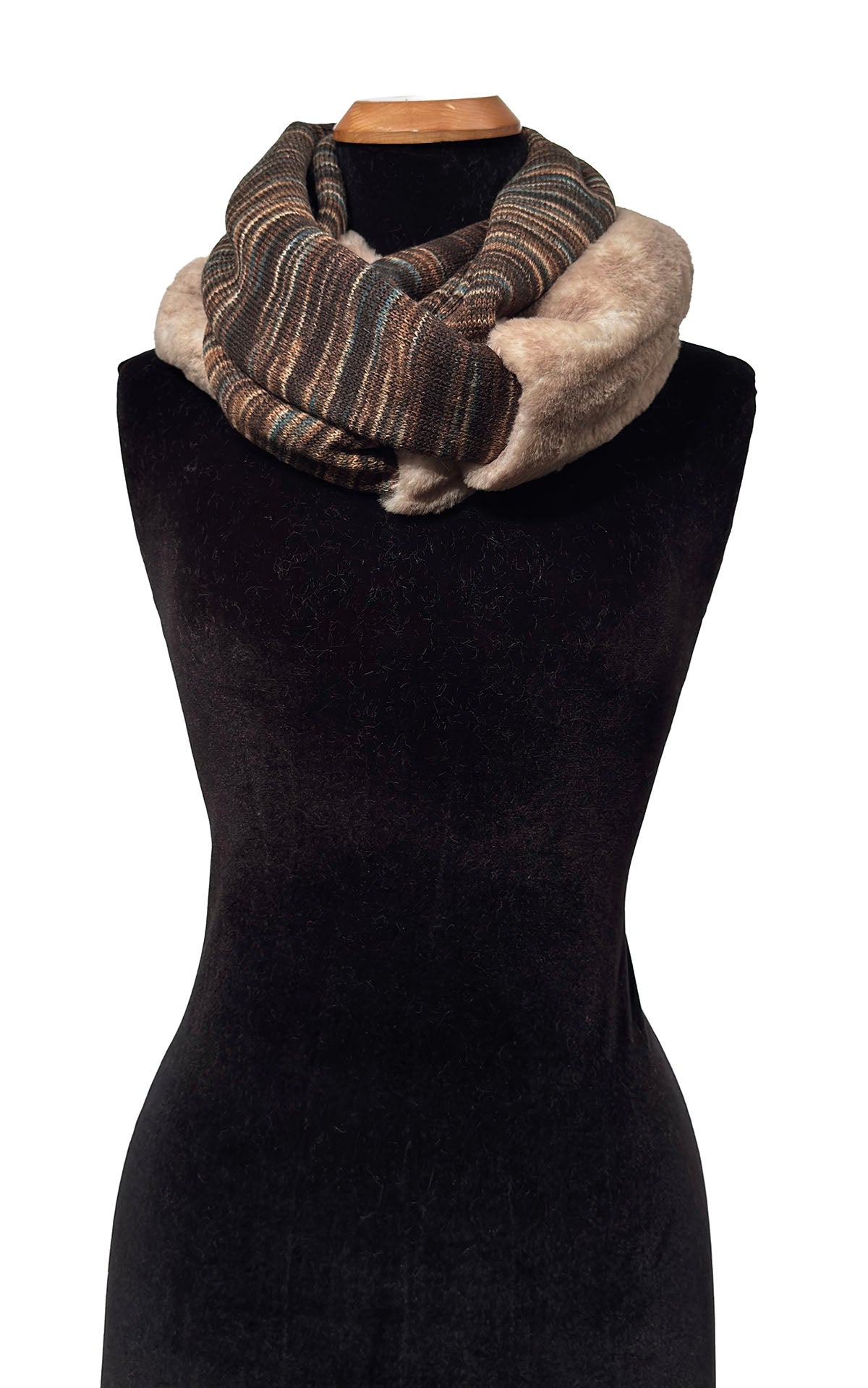 Infinity Scarf in English Toffee Knit and Golden Bluff Faux Fur. Additional view of draped around neckline. Made in Seattle, WA, USA by Pandemonium Seattle.