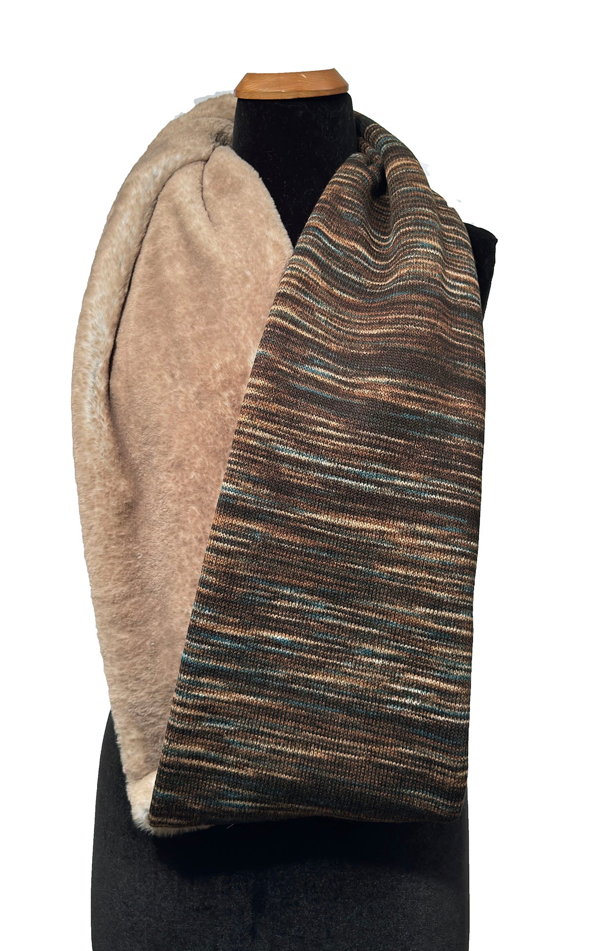 Infinity Scarf in English Toffee Knit and Golden Bluff Faux Fur. This two-tone infinity scarf is shown draped loosely around the mannequin. Made in Seattle, WA, USA by Pandemonium Seattle.