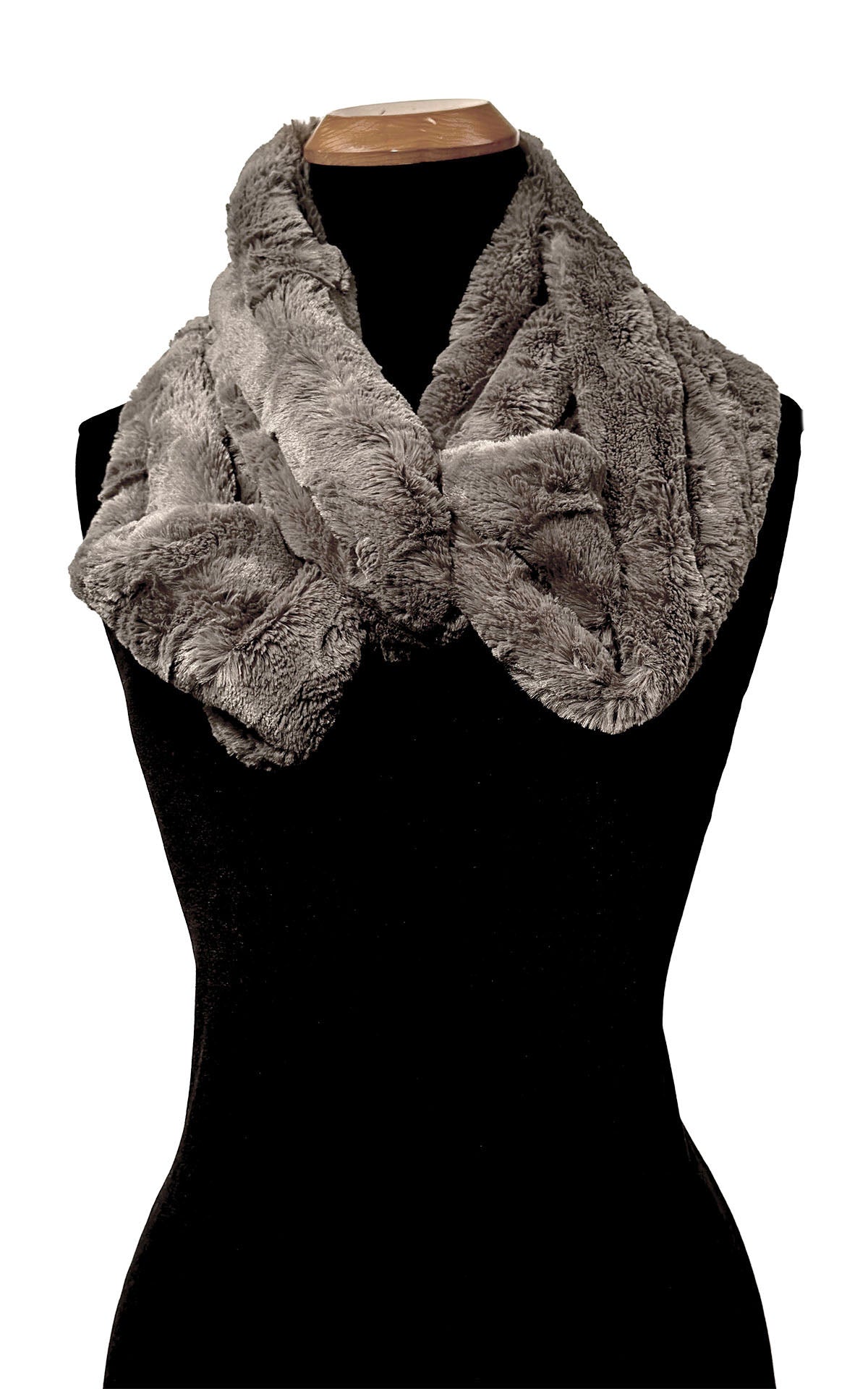 Infinity Scarf in Cuddly Taupey Faux Fur, shown with two loops across body of mannequin. Made in Seattle, WA, USA by Pandemonium Seattle.