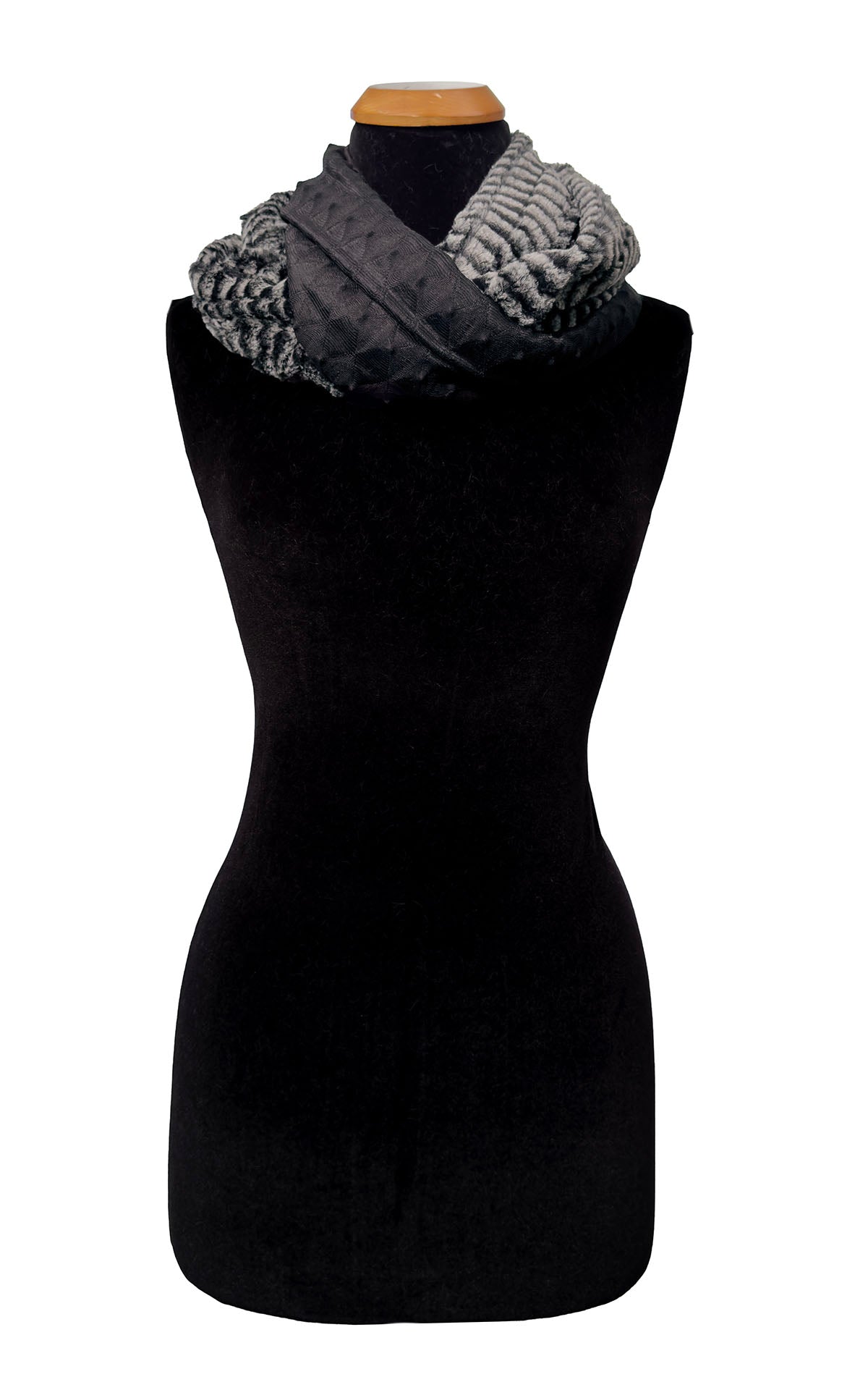 Infinity Scarf in Two-Tone Fractal Black and 8MM Black and White Faux Fur. Shown draped loosely around the mannequin. Made in Seattle, WA, USA by Pandemonium Seattle.