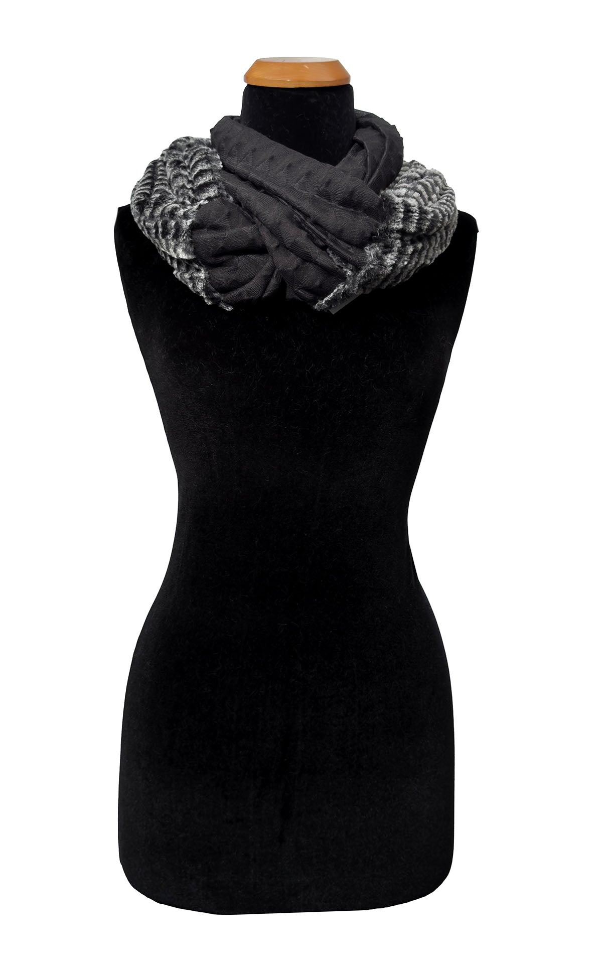 Infinity Scarf in Two-Tone Fractal Black and 8MM Black and White Faux Fur. Additional view of looped twice at the neckline. Made in Seattle, WA, USA by Pandemonium Seattle.