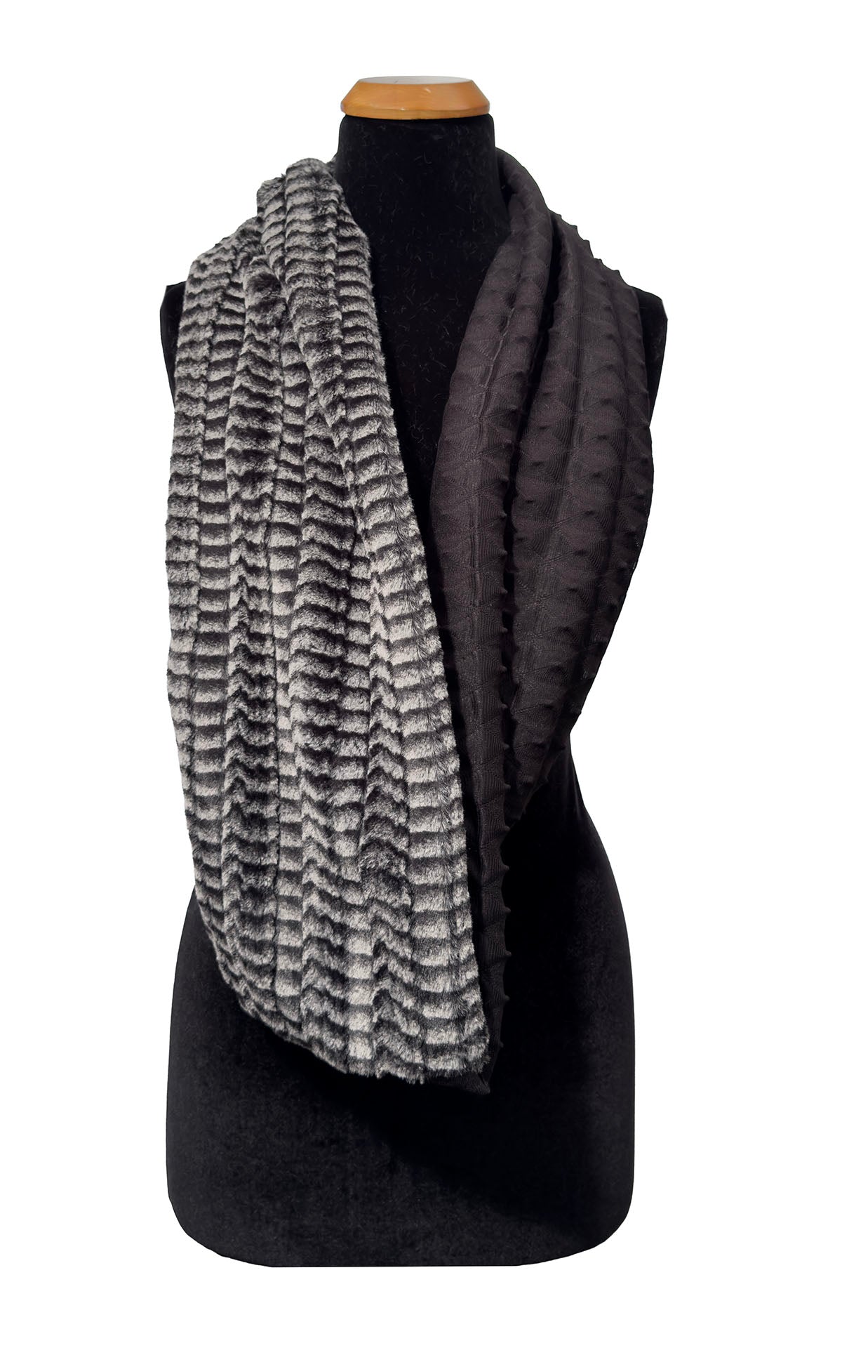 Infinity Scarf in Two-Tone Fractal Black and 8MM Black and White Faux Fur. Shown draped around mannequin. Made in Seattle, WA, USA by Pandemonium Seattle.