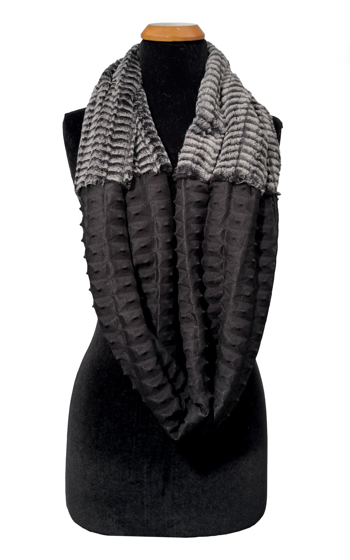 Infinity Scarf in Two-Tone Fractal Black and 8MM Black and White Faux Fur. Shown draped loosely around the mannequin. Made in Seattle, WA, USA by Pandemonium Seattle.