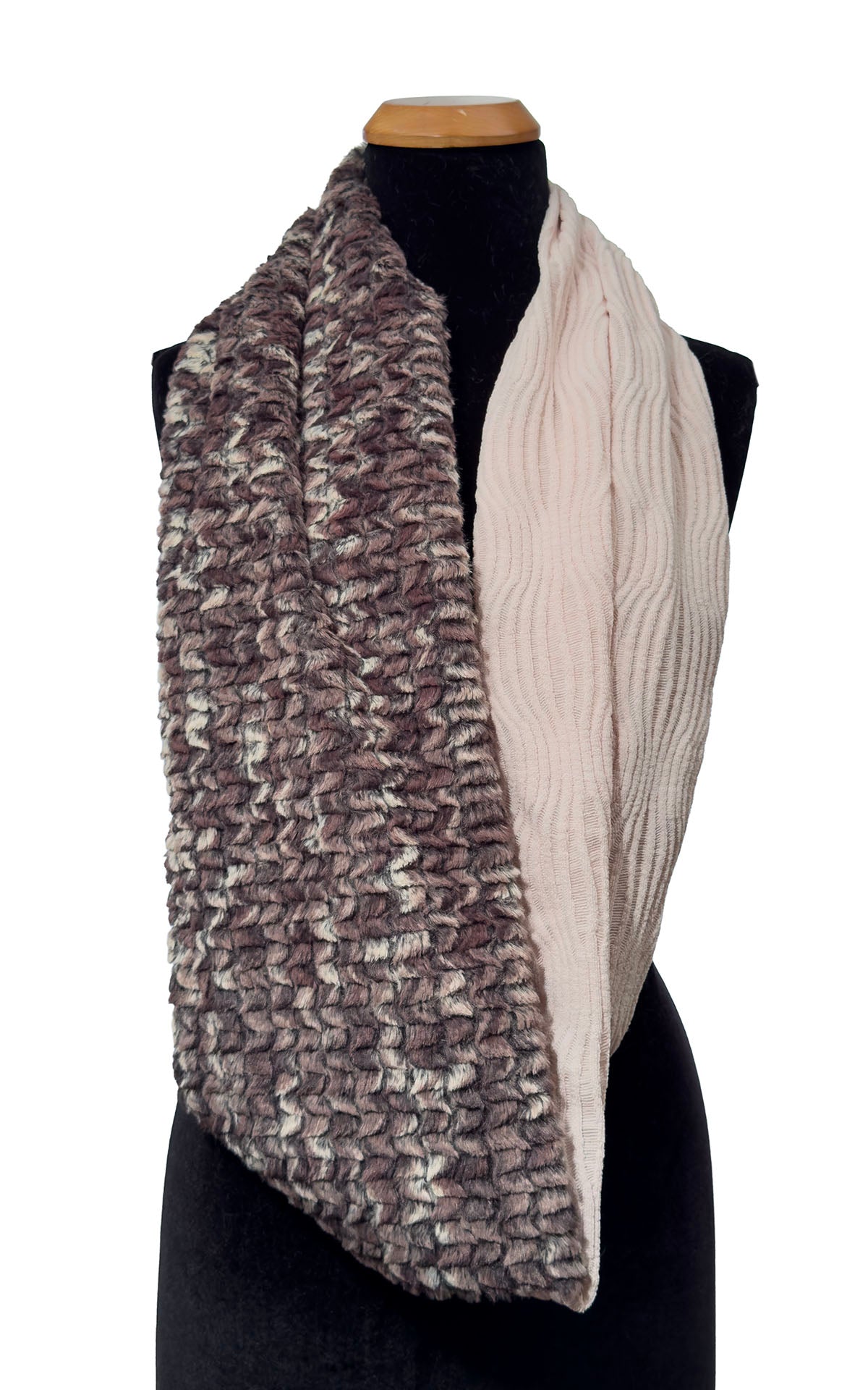 Infinity Scarf in Two-Tone Fractal Blush and Calico Faux Fur. Shown draped loosely with Calico Faux Fur and Fractal Blush. Made in Seattle, WA, USA by Pandemonium Seattle.