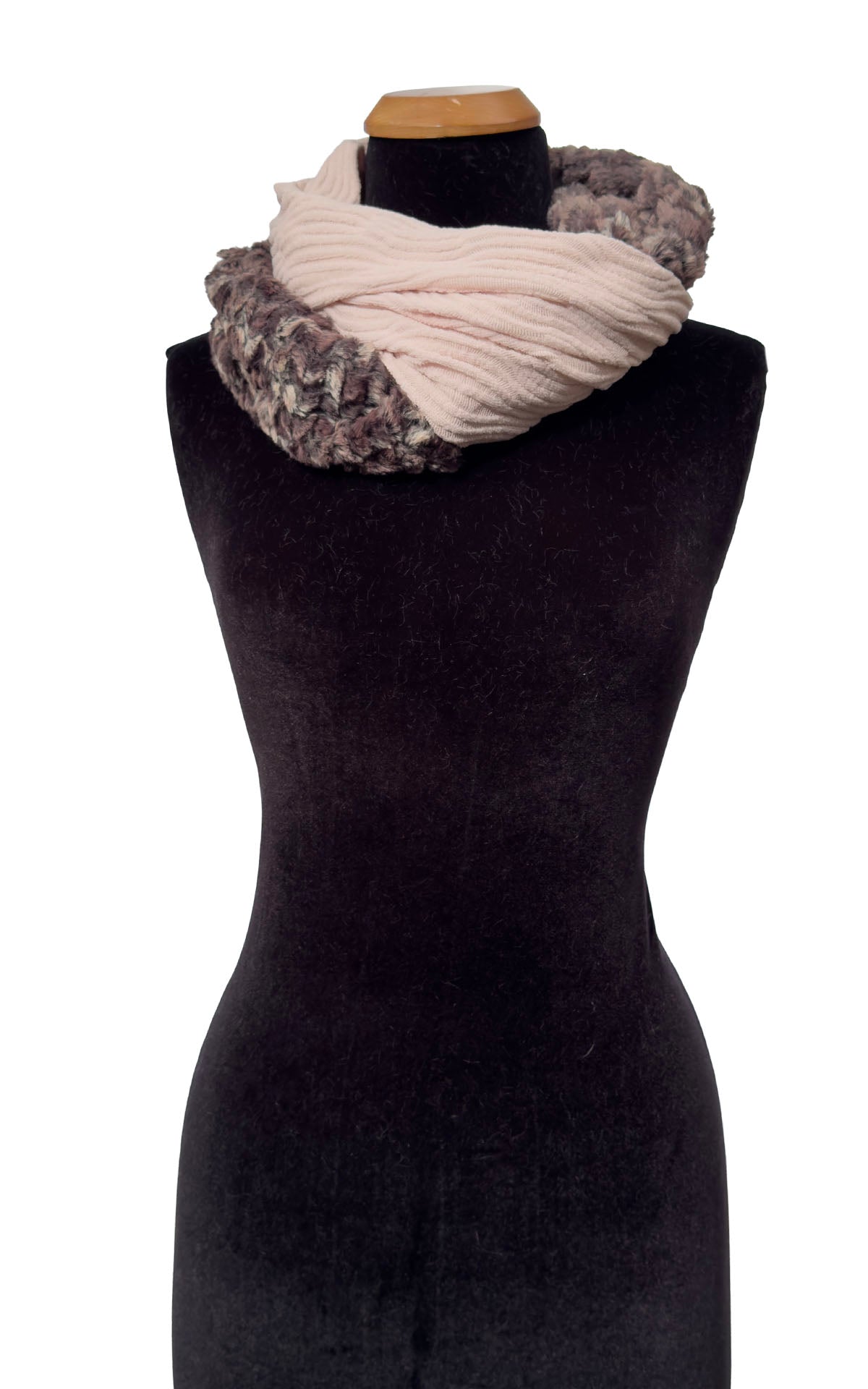 Infinity Scarf in Two-Tone Fractal Blush and Calico Faux Fur. Shown looped twice. Made in Seattle, WA, USA by Pandemonium Seattle.