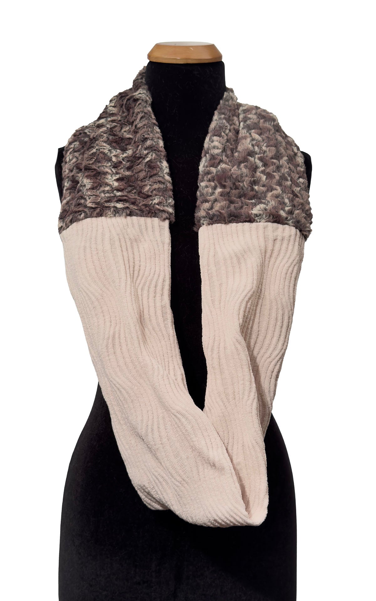 Infinity Scarf in Two-Tone Fractal Blush and Calico Faux Fur. Shown draped with Calico Faux Fur and Fractal Blush below. Made in Seattle, WA, USA by Pandemonium Seattle.