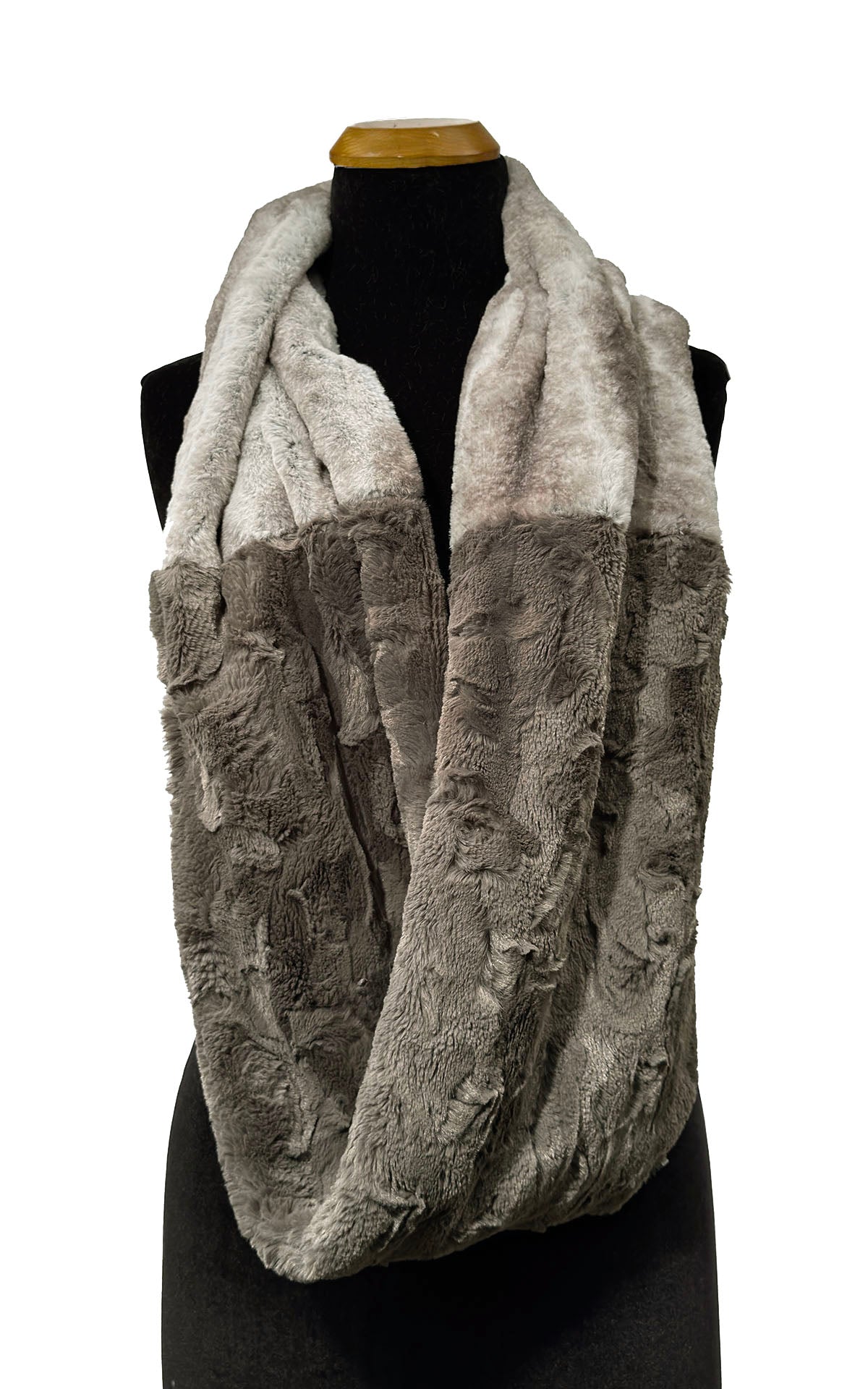 Two-Tone Infinity Scarf in Classic Luxury Driftwood Faux Fur and Cuddly Taupey Faux Fur. Shown with Driftwood faux fur draped across the mannequin neck and Taupey across the body. Made in Seattle, WA, USA by Pandemonium Seattle.