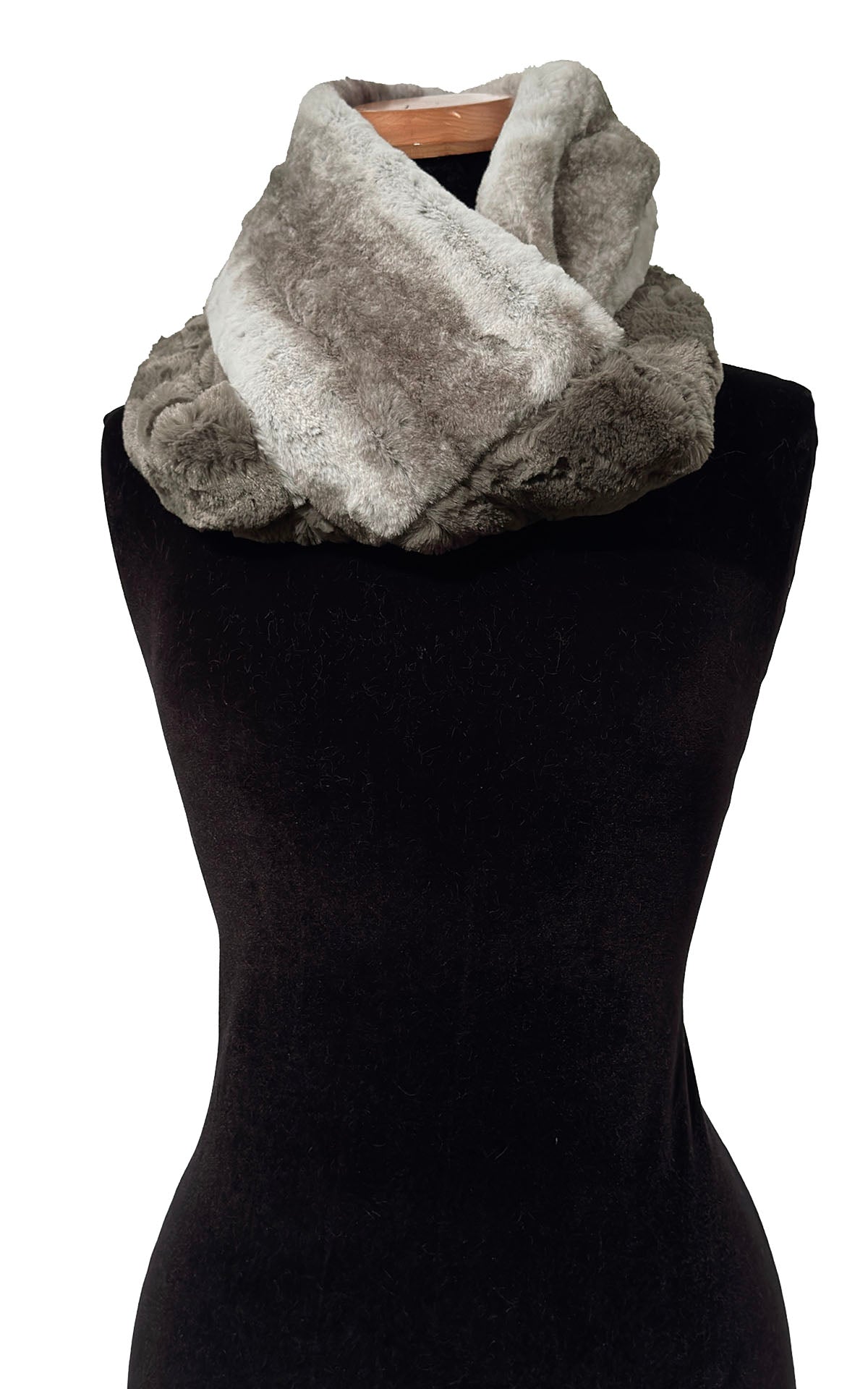 Two-Tone Infinity Scarf in Classic Luxury Rusty Rock and Red Fox Faux Furs. Shown looped twice. Made in Seattle, WA, USA by Pandemonium Seattle.