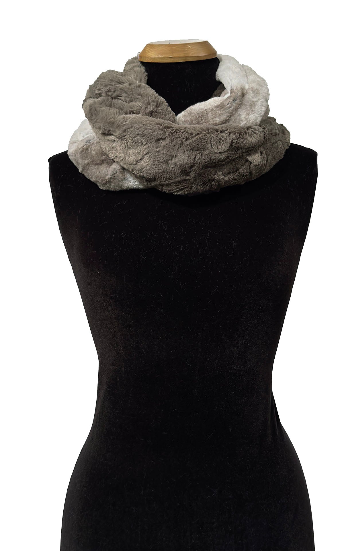 Two-Tone Infinity Scarf in Classic Luxury Driftwood Faux Fur and Cuddly Taupey Faux Fur. Shown looped to display the infinity scarf with both faux furs close to the mannequin neck. Made in Seattle, WA, USA by Pandemonium Seattle.